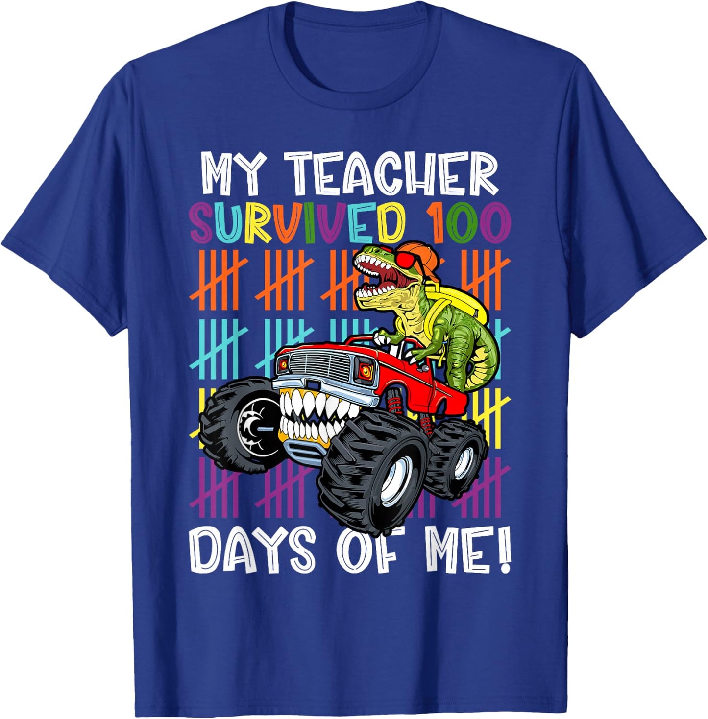 100th Day Of School My Teacher Survived 100 Days Dinosaur T-Shirt - T-Shirt | Royal