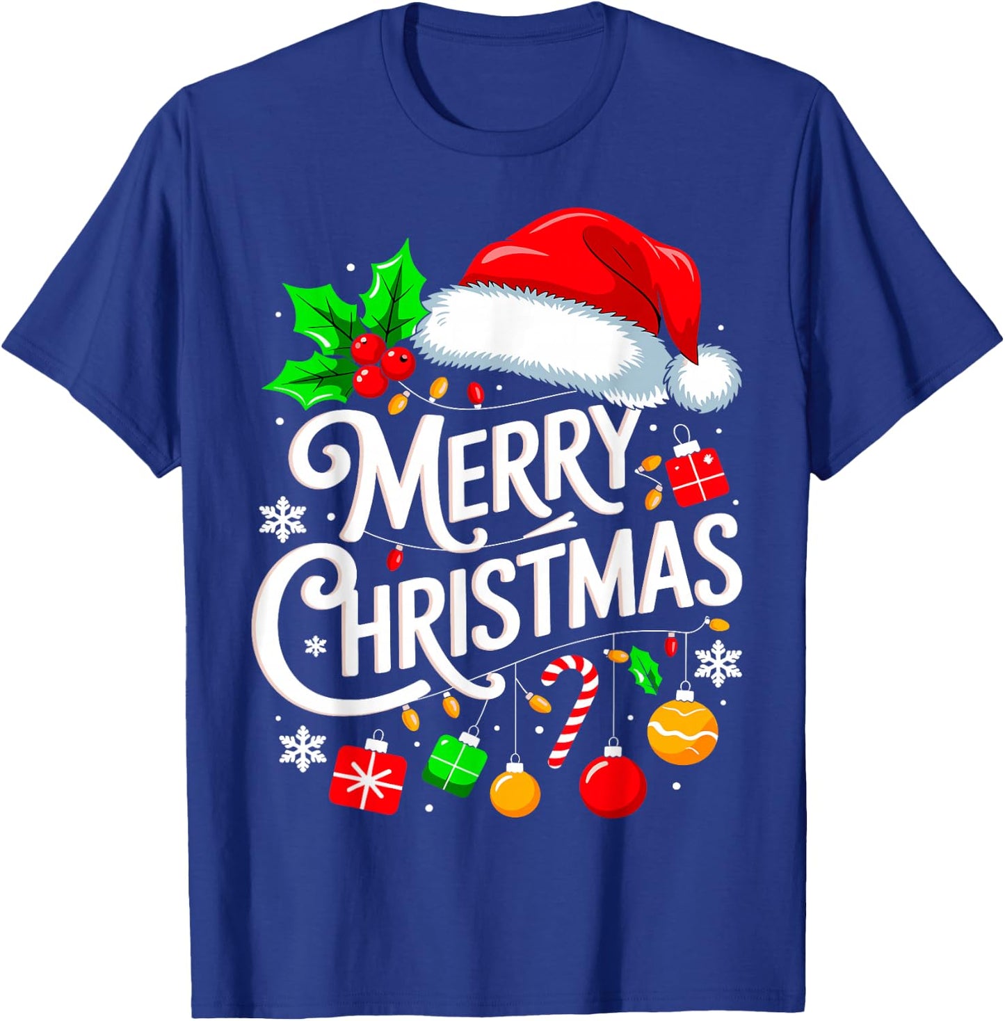 Merry Christmas Lights Family Santa Hat Xmas T-Shirt - T-Shirt | Royal