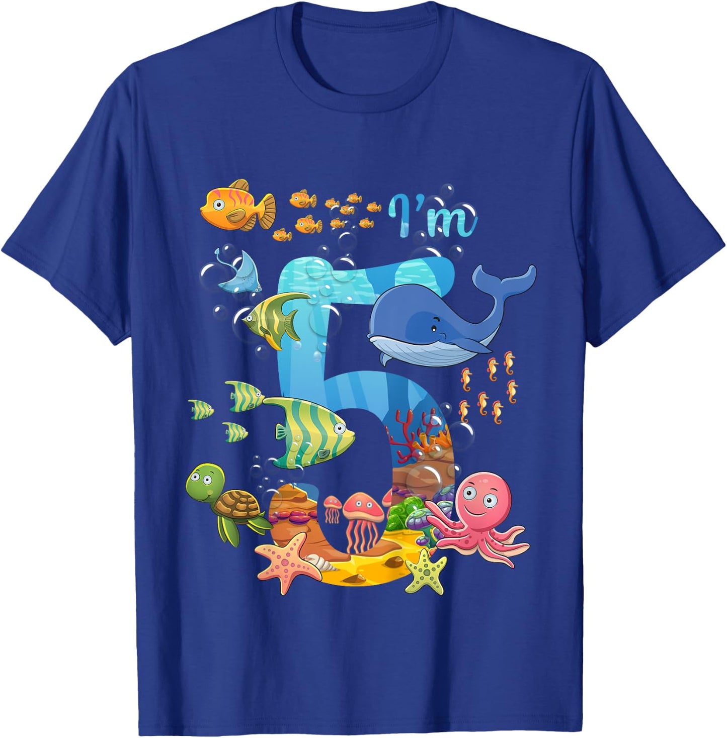Kids 5 Years Old Whale Fish Ocean Theme 5th Birthday Boy Girl , black T-Shirt - T-Shirt | Royal