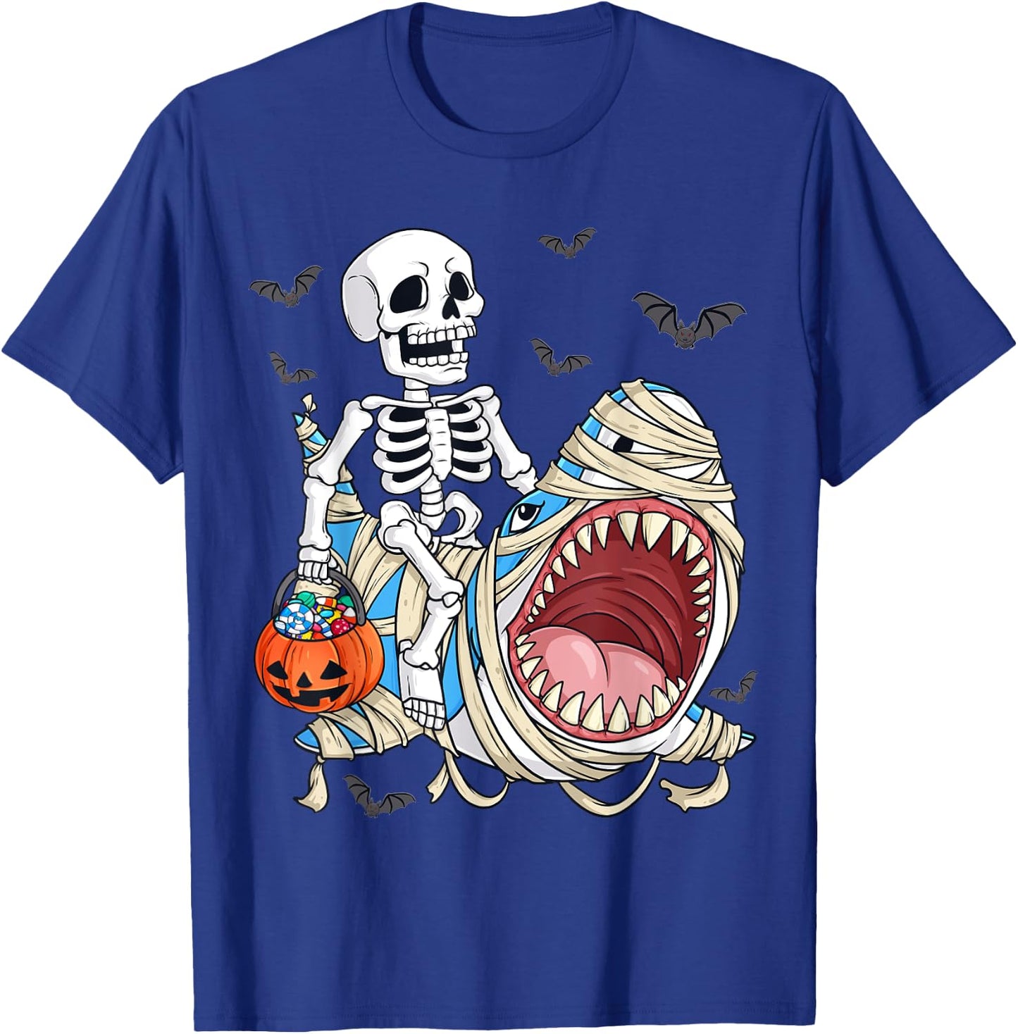 Skeleton Riding Mummy Shark Funny Halloween Pumpkin Kids T-Shirt - T-Shirt | Royal