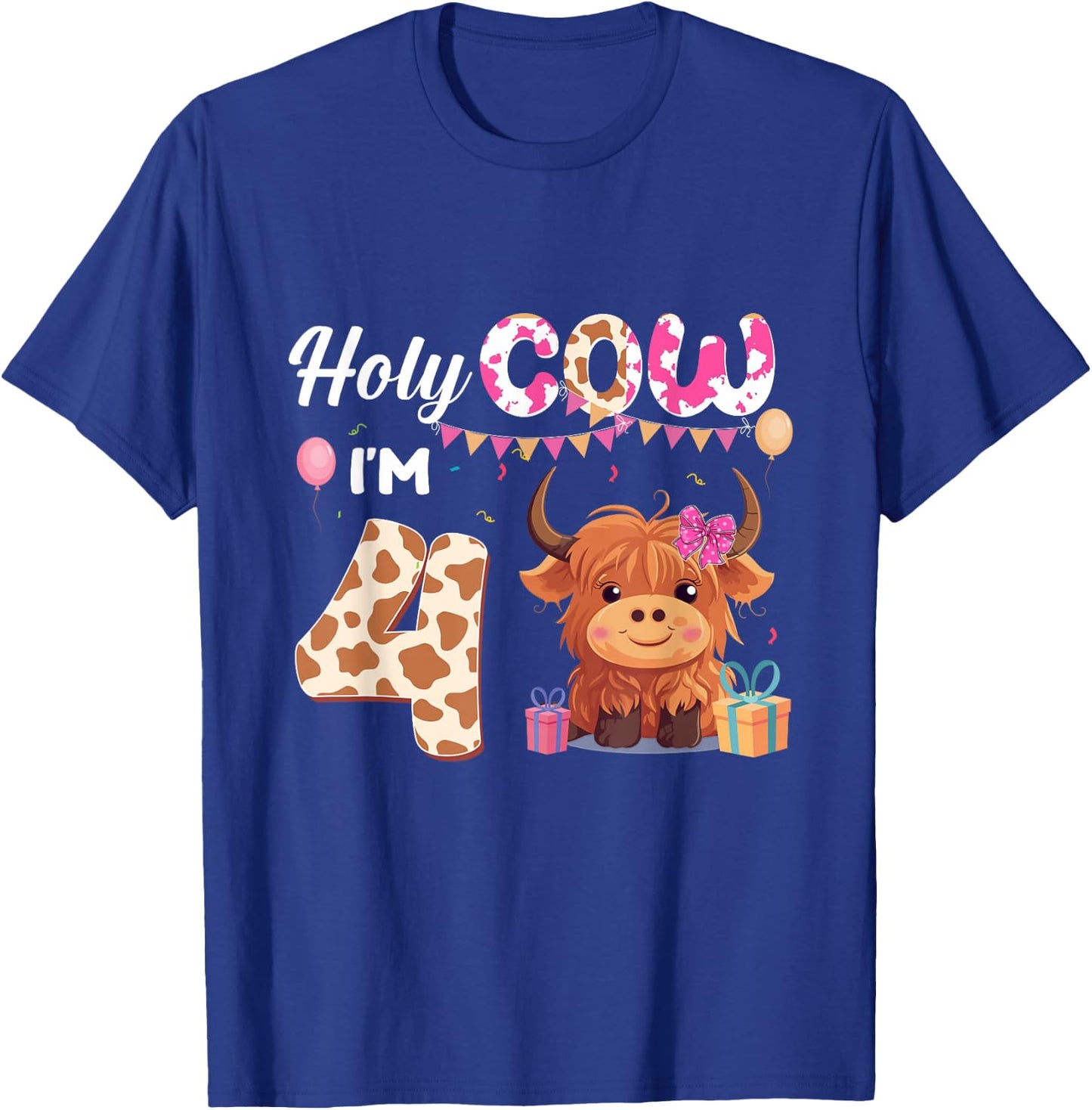 Holy Cow I'm 4 Year Old Birthday Highland Cow 4th Bday Kid T-Shirt - T-Shirt | Royal
