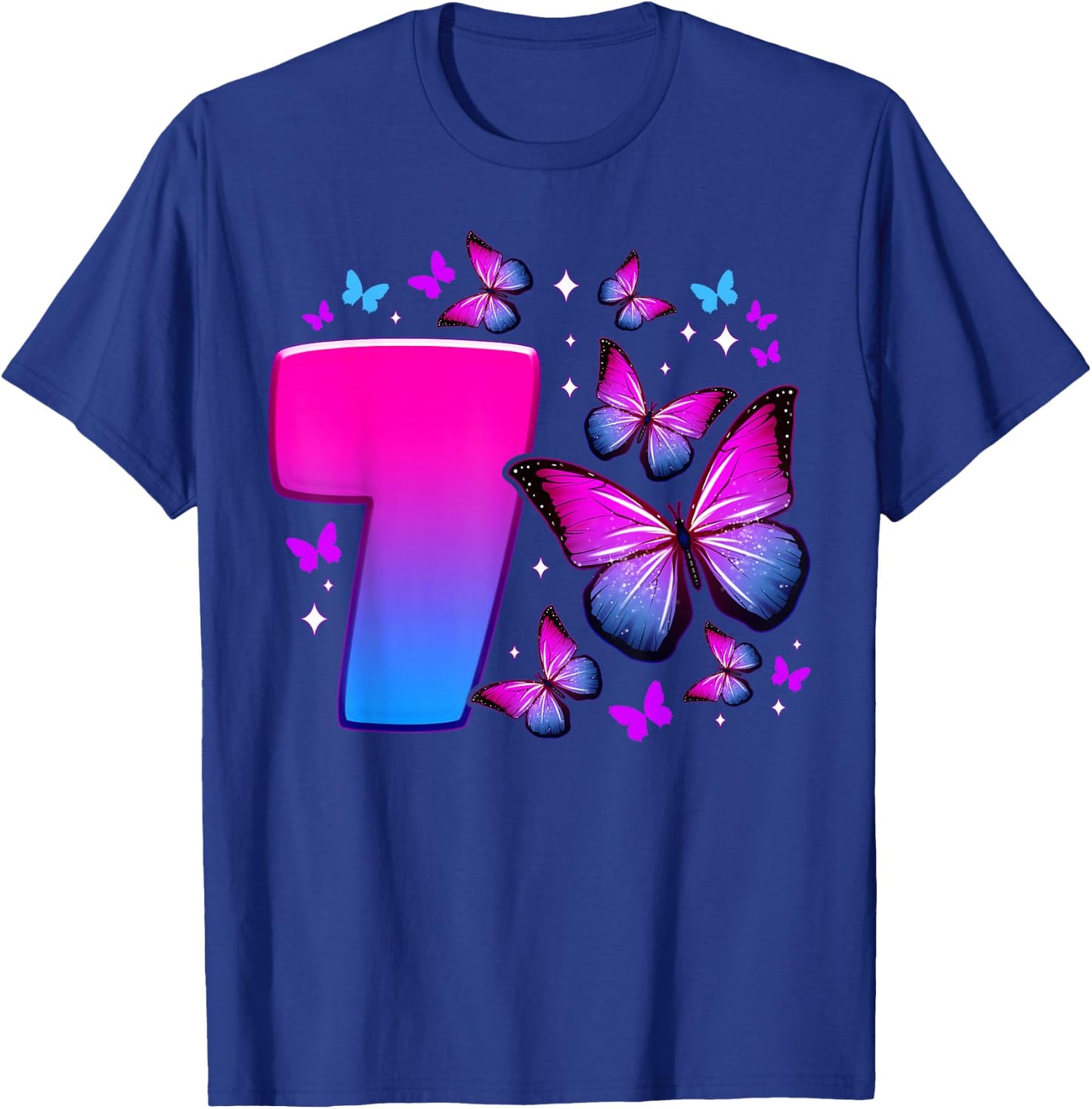 Birthday Girl 7 Years Old Butterfly Number 7 , black T-Shirt - T-Shirt | Royal