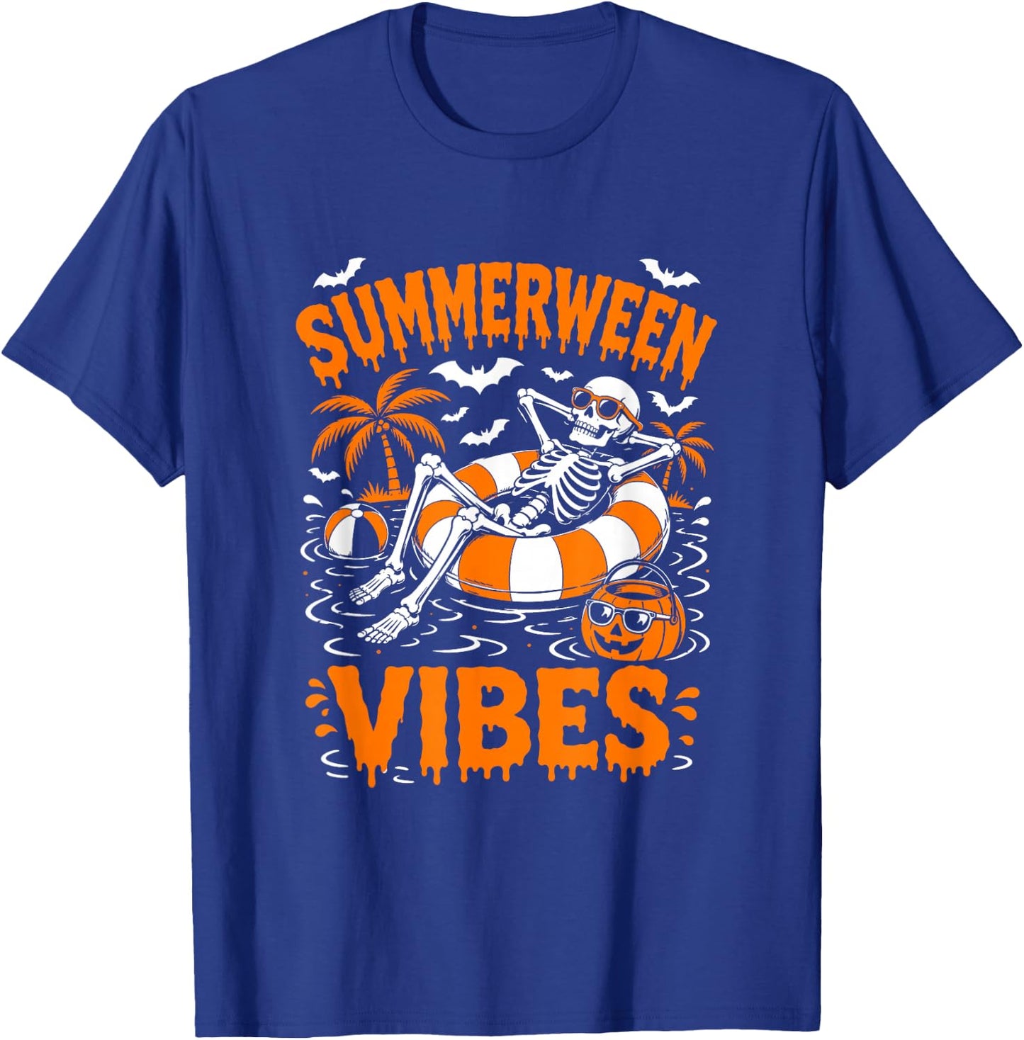 Summerween Vibes Skeleton Floating Pool Pumpkin Halloween T-Shirt - T-Shirt | Royal