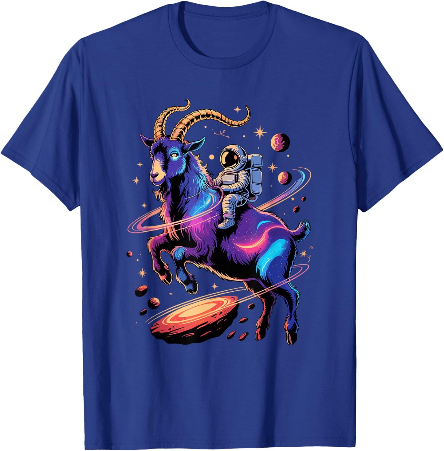 Astronaut Rides Goat Space Stars Comets Galaxy Planets T-Shirt - T-Shirt | Royal