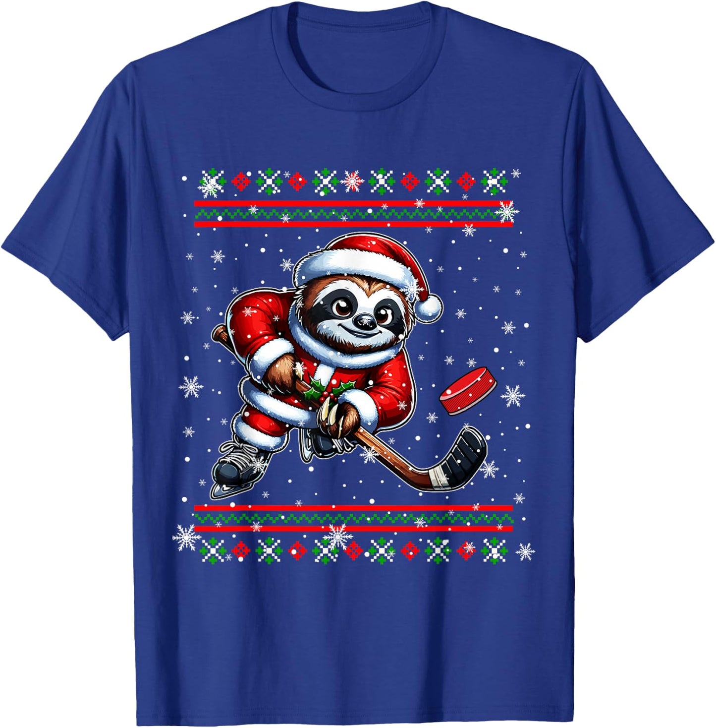 Santa Sloth Playing Hockey Christmas Sweater Player Lover T-Shirt - T-Shirt | Royal