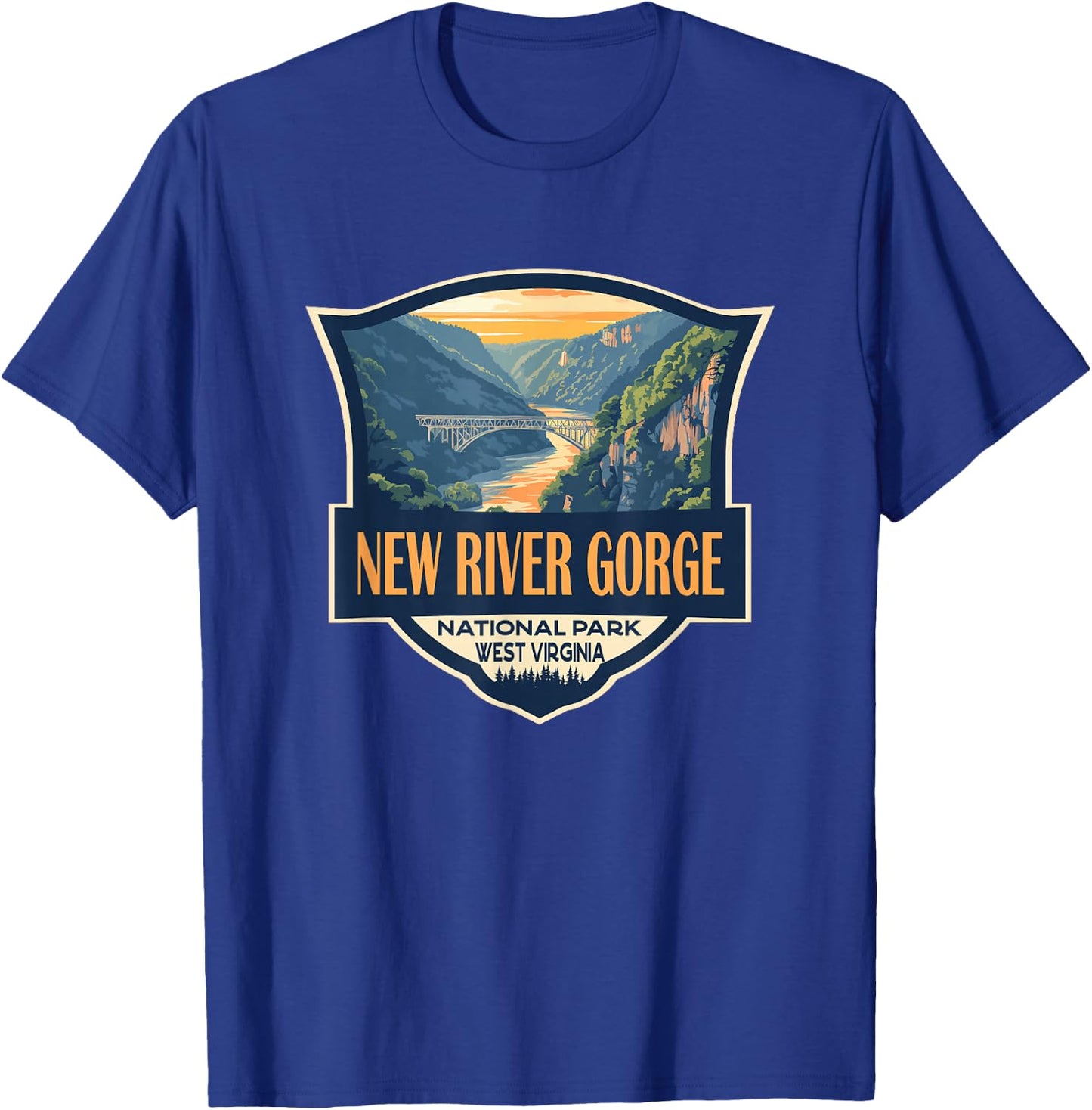 New River Gorge National Park Illustration Retro Badge T-Shirt - T-Shirt | Royal