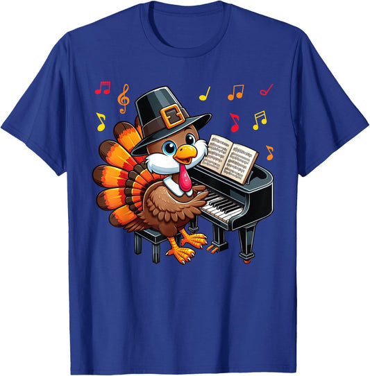 Funny Thanksgiving Turkey Playing Piano Music Lover T-Shirt - T-Shirt | Royal