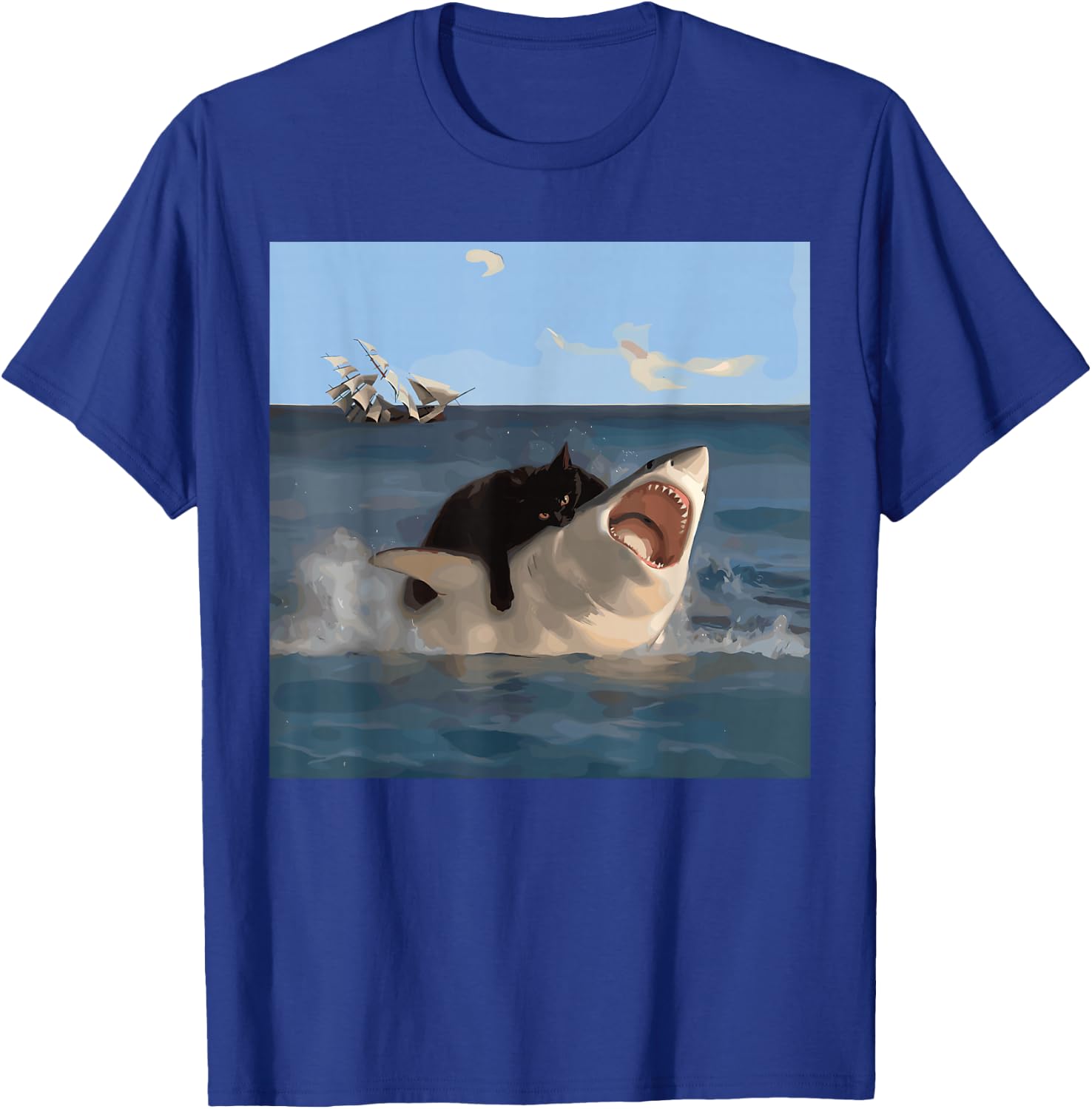 Cat Biting Shark Lustiger Kunst- und Katzenliebhaber Lustige Katze und Hai T-Shirt - T-Shirt | Royal