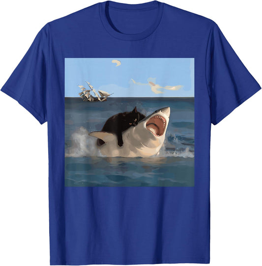 Cat Biting Shark Lustiger Kunst- und Katzenliebhaber Lustige Katze und Hai T-Shirt - T-Shirt | Royal