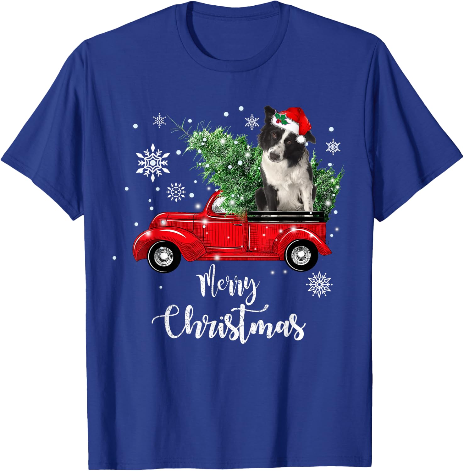 Red Truck Merry Christmas Tree Border Collie Dog Christmas T-Shirt - T-Shirt | Royal