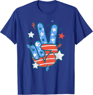 USA Flag Peace Sign Hand Fourth of July Patriotic Men Women T-Shirt - T-Shirt | Royal