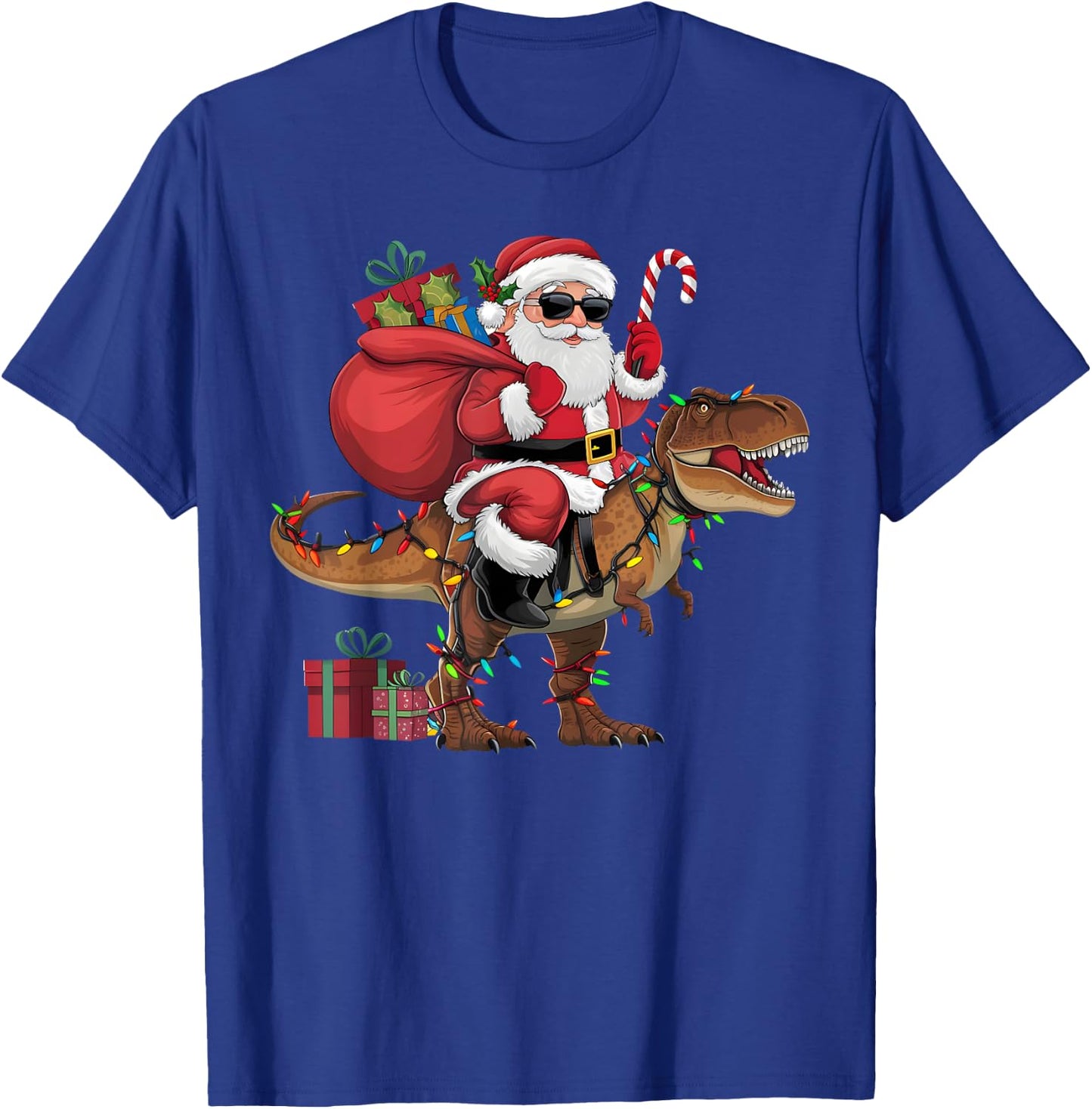 Xmas Lighting Santa Riding Dinosaur T-Rex Christmas T-Shirt - T-Shirt | Royal