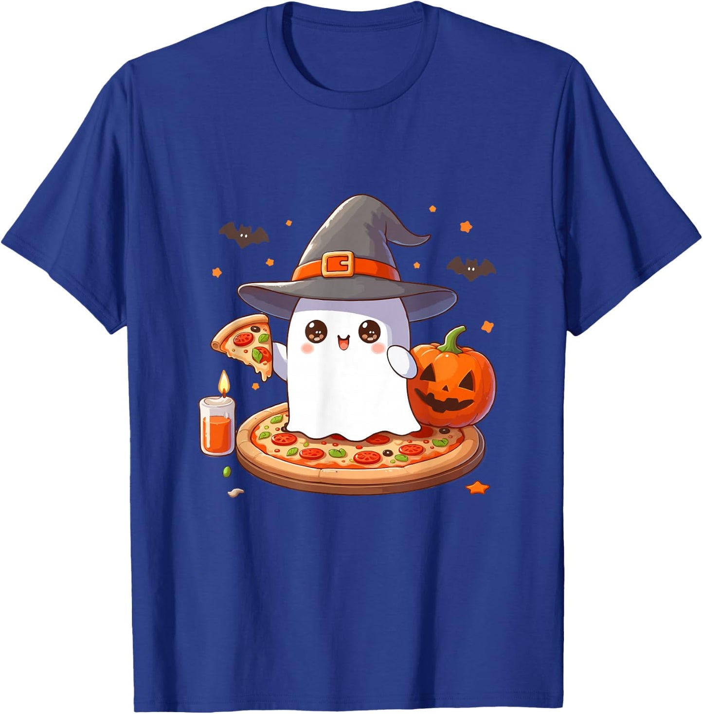 Halloween Cute Ghost Eating Pizza, Cute Ghost Pumpkin Pizza T-Shirt - T-Shirt | Royal