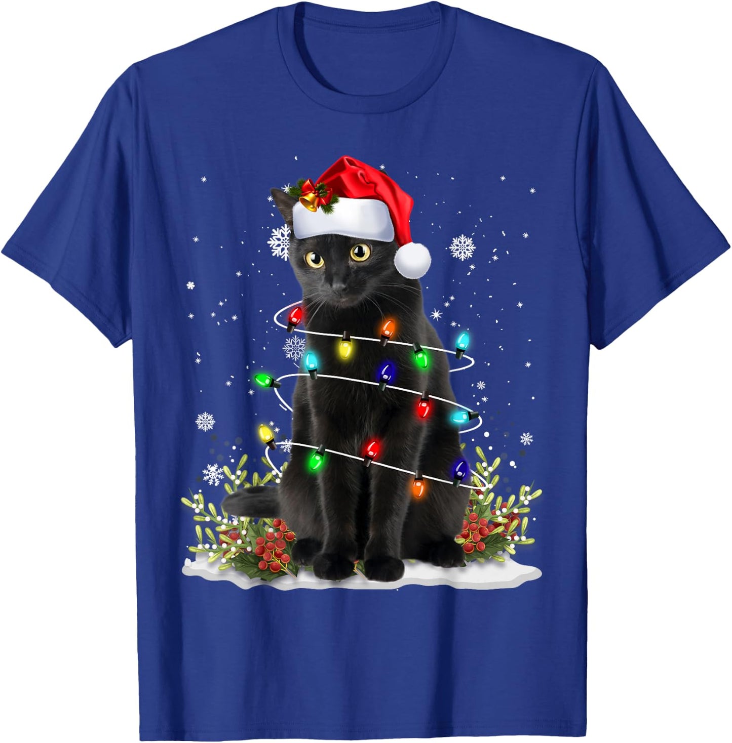 Black Cat Christmas Santa Hat Funny Meowy Cats Women Men T-Shirt - T-Shirt | Royal