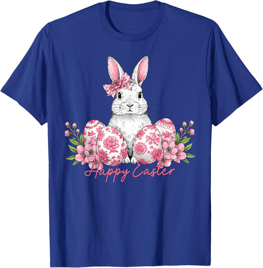 Happy Easter Chinoiserie Eggs Florals Bunny Coquette Bow T-Shirt - T-Shirt | Royal