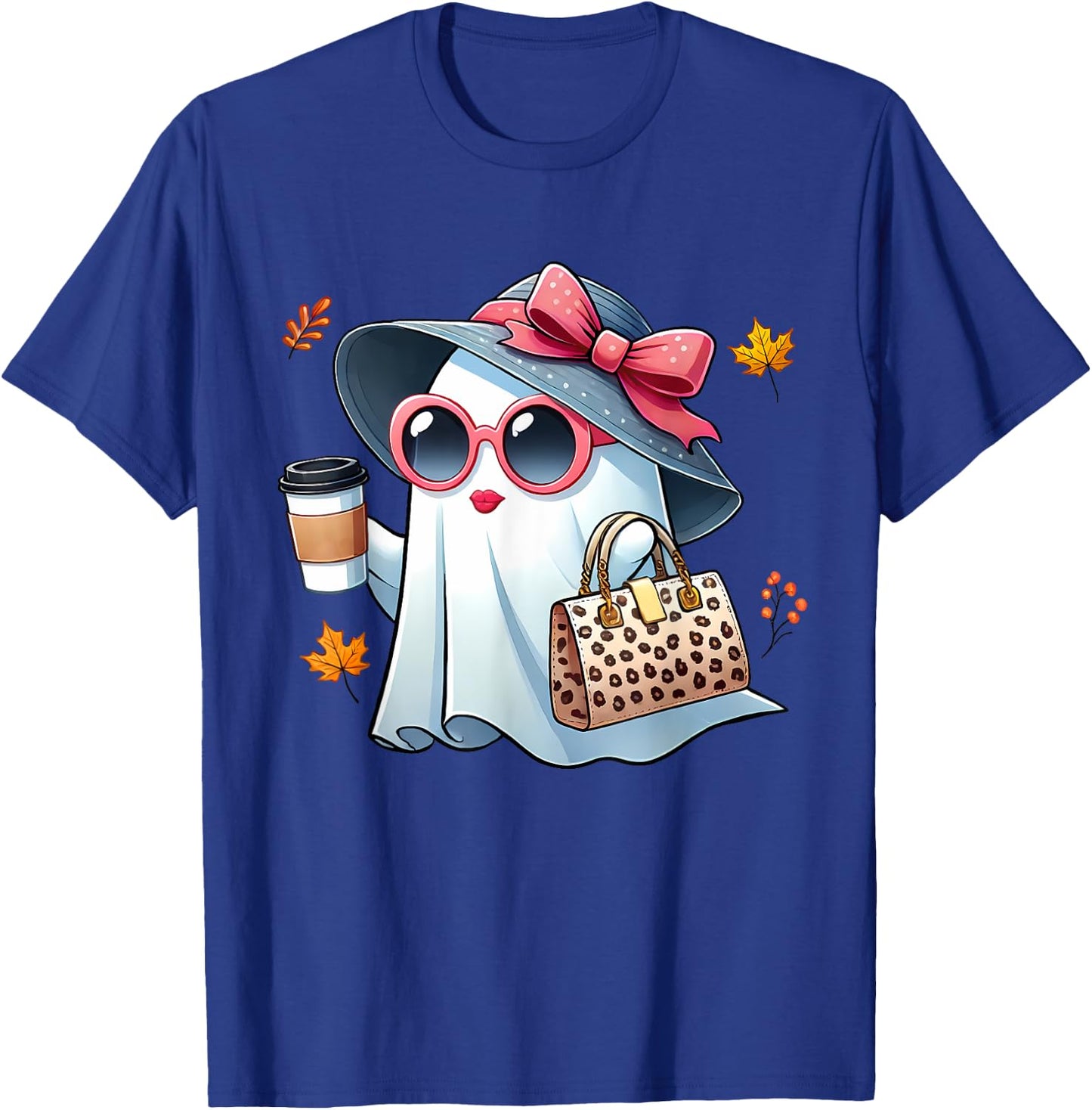 Cute Ghost Halloween Boujee Drinking Coffee Women Girls Fall T-Shirt - T-Shirt | Royal