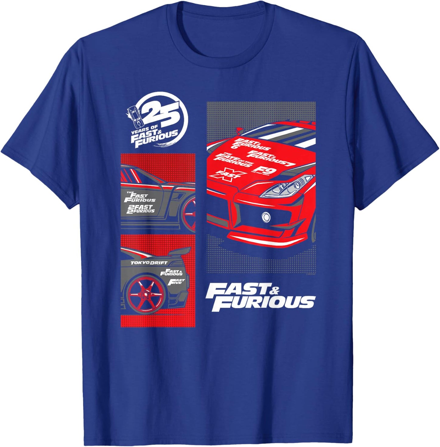 Fast & Furious 25th Anniversary Car Montage T-Shirt - T-Shirt | Royal