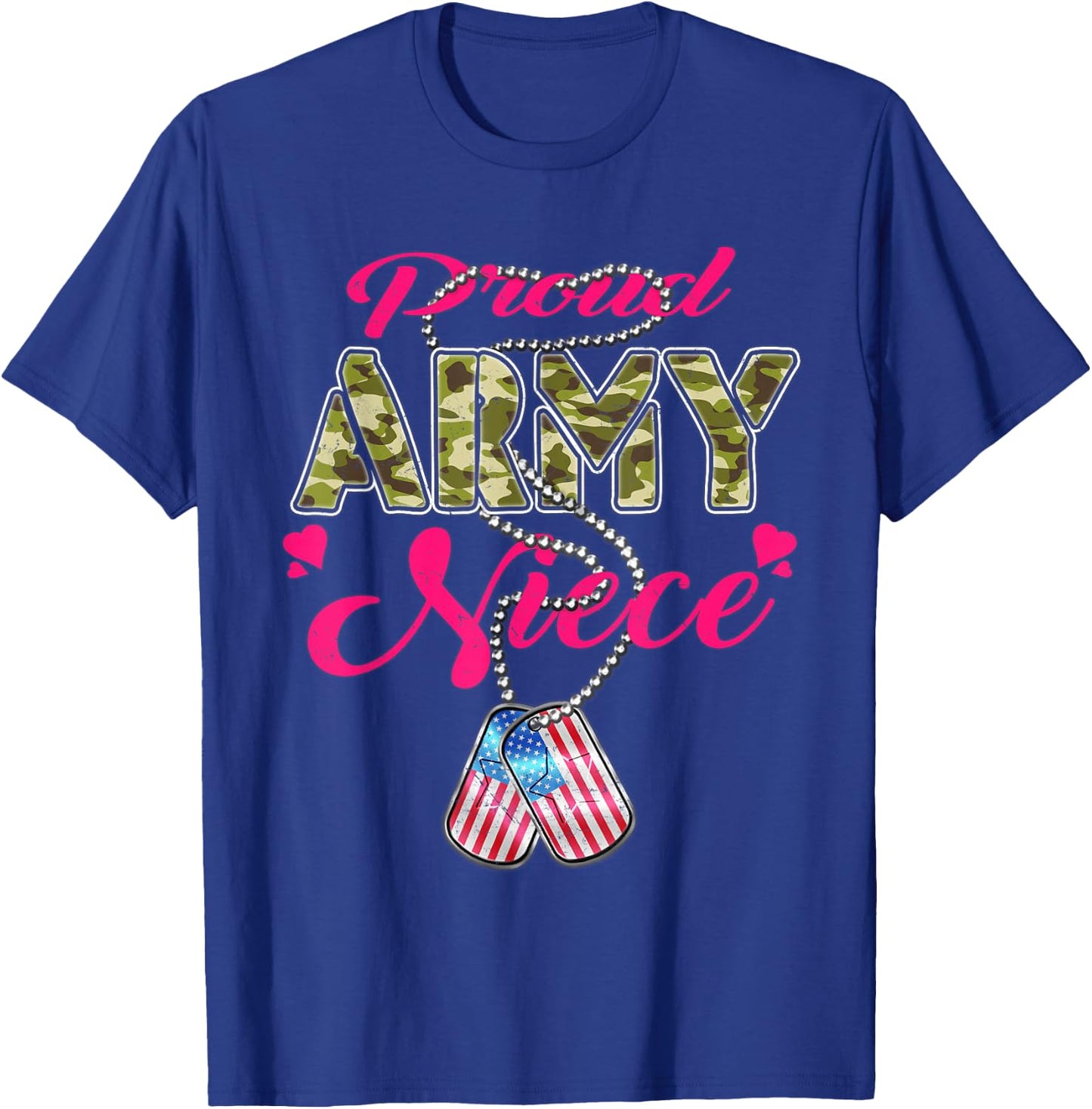 Proud Army Niece US Flag Camo Dog Tags Pride Military Family T-Shirt - T-Shirt | Royal