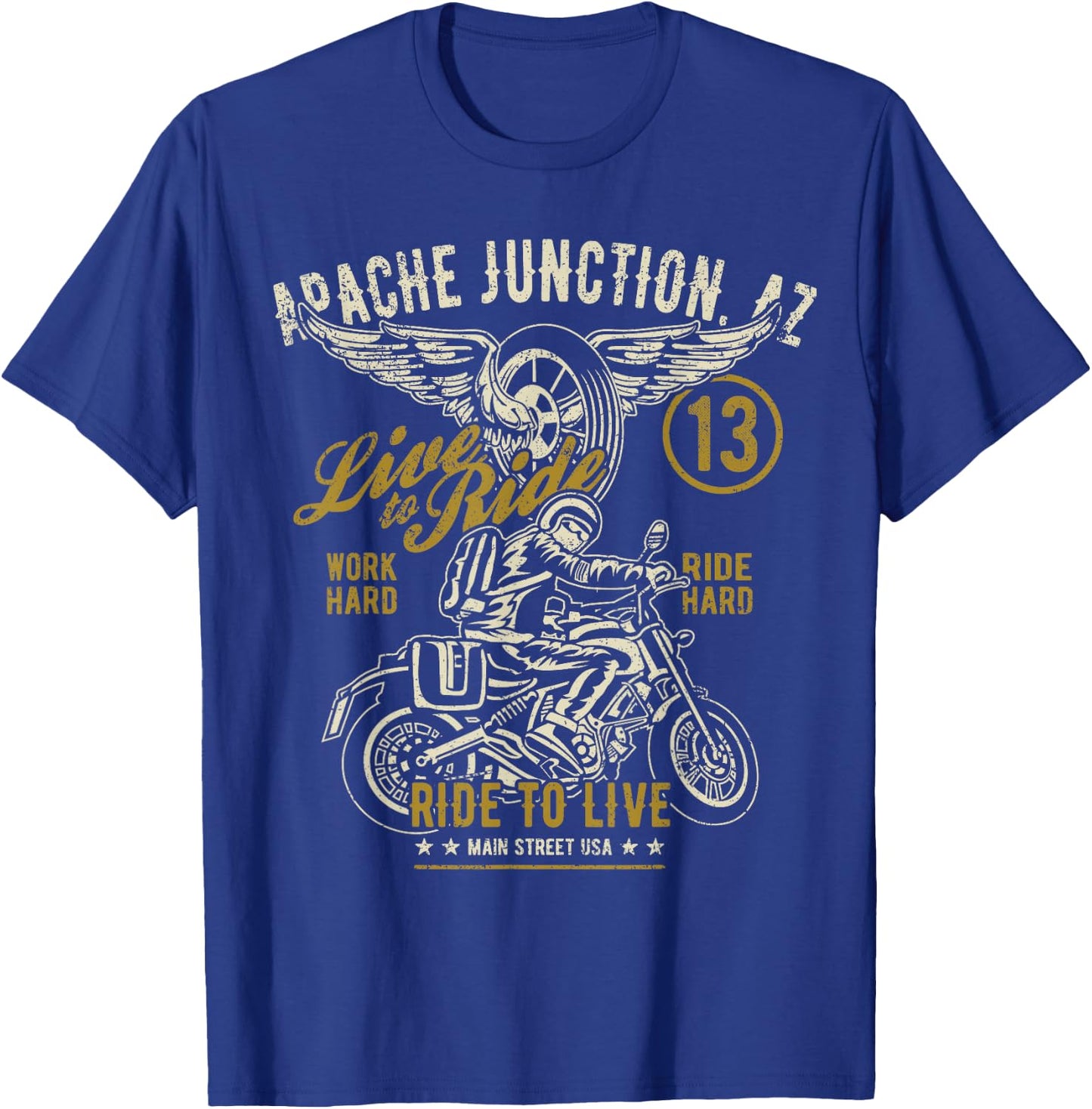 Apache Junction AZ USA Distressed Style Motorcycle Design T-Shirt - T-Shirt | Royal