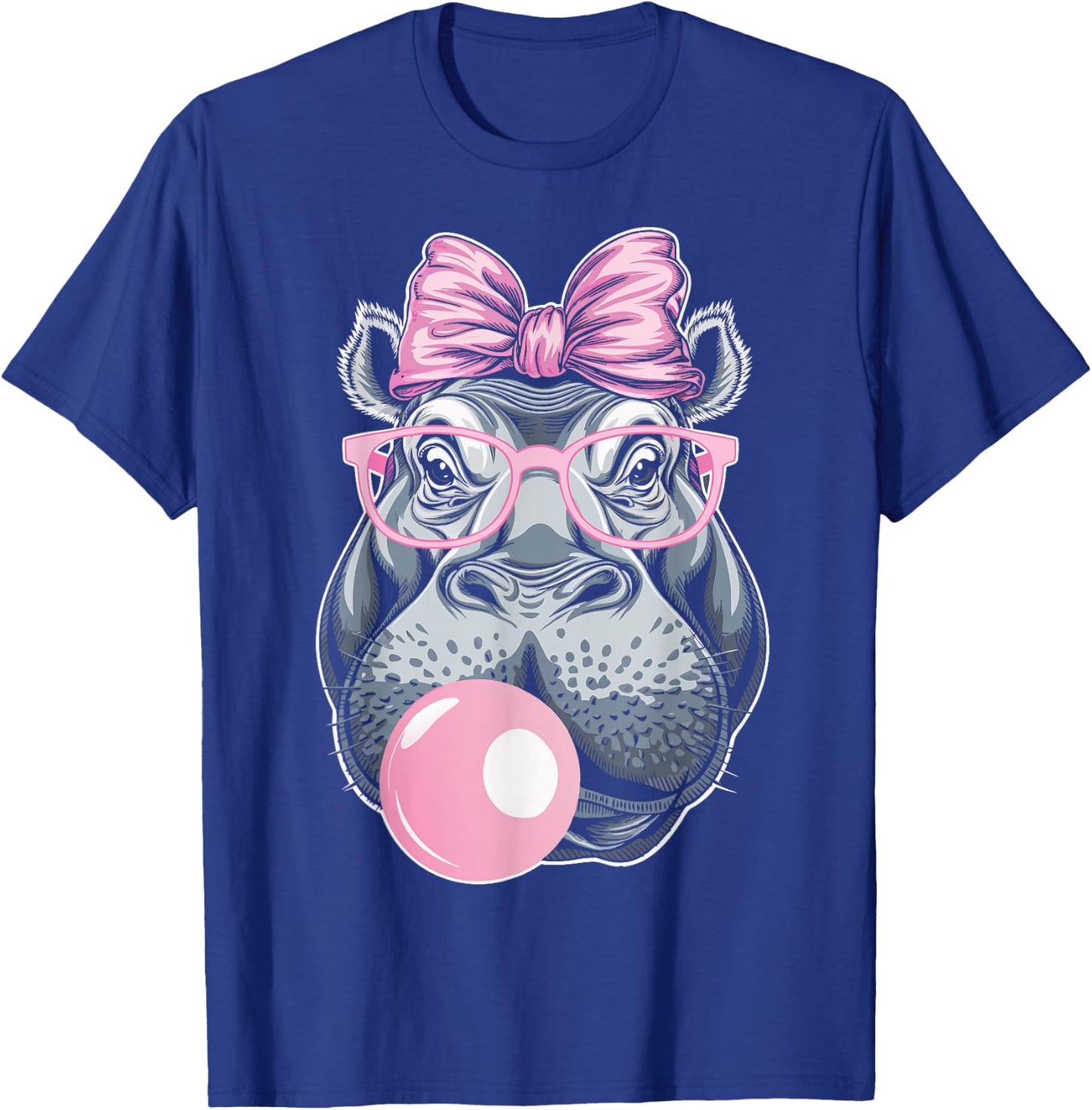 Hippo Wearing Glasses and Blowing Pink Bubble Gum T-Shirt - T-Shirt | Royal