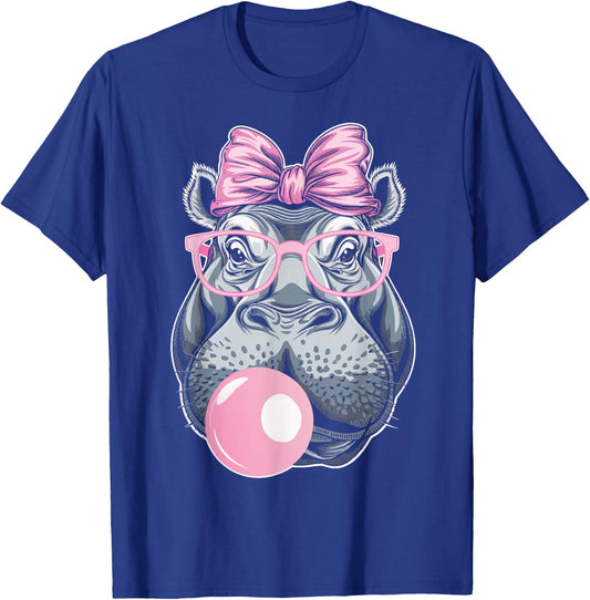 Hippo Wearing Glasses and Blowing Pink Bubble Gum T-Shirt - T-Shirt | Royal