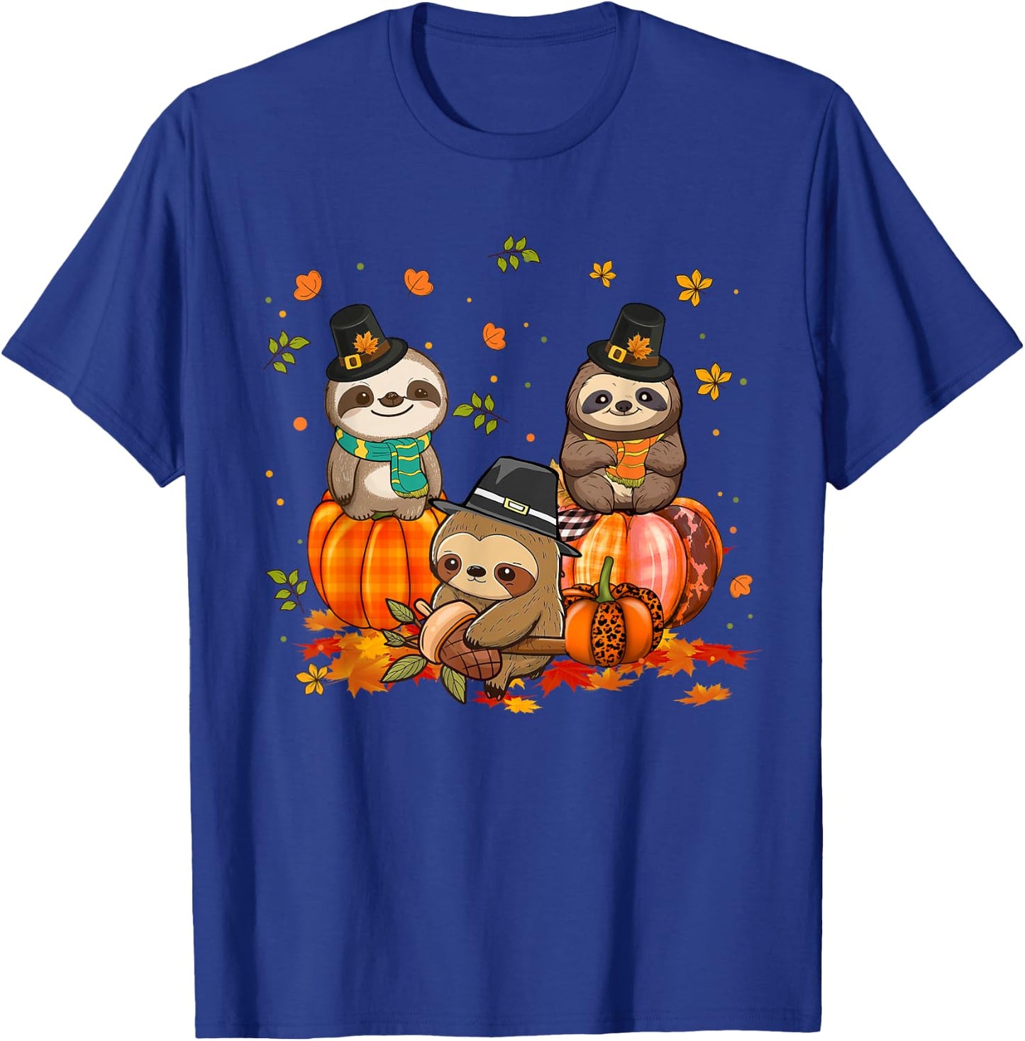 Sloth Pumpkin Leopard Buffalo Plaid Fall Thanksgiving T-Shirt - T-Shirt | Royal