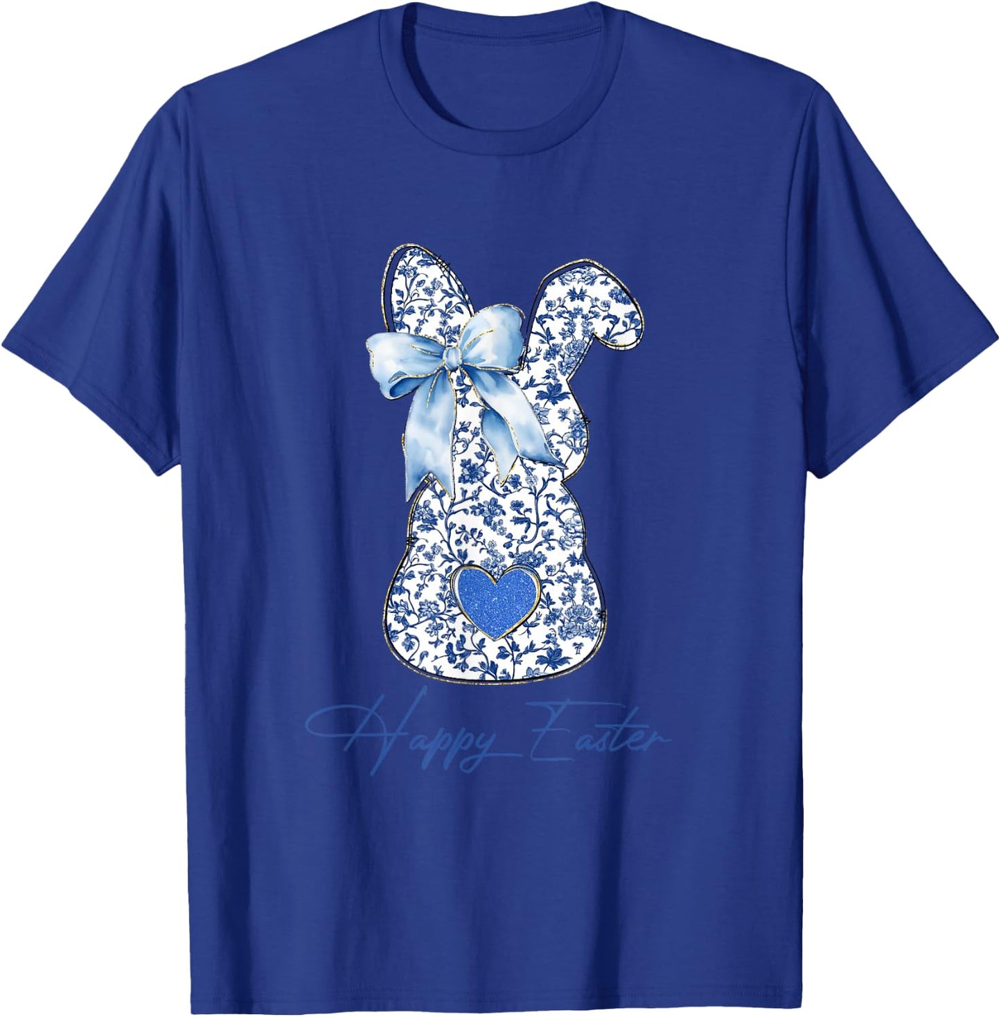 Happy Easter Blue Toile Chinoiserie Bunny Rabbit Women Girls T-Shirt - T-Shirt | Royal