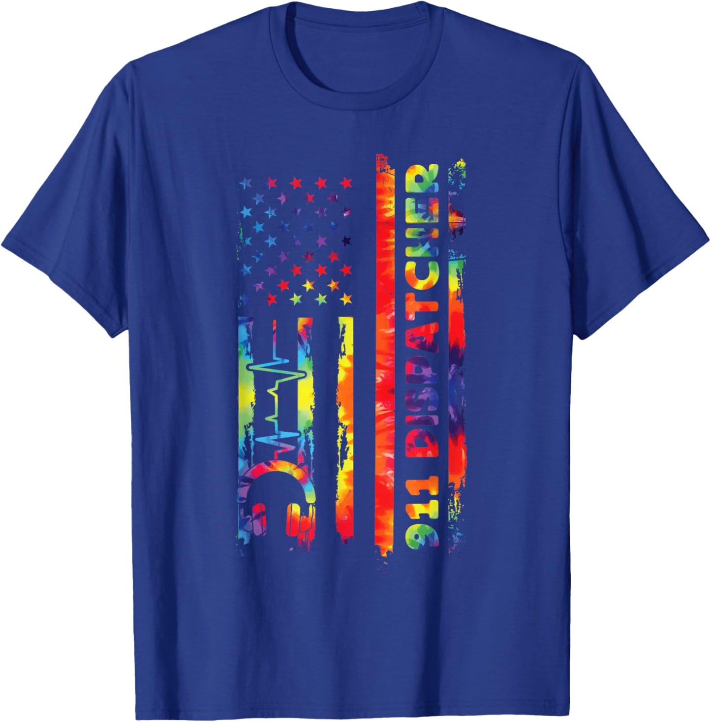 911 Dispatcher Thin Gold Yellow Line American Flag Tie Dye T-Shirt - T-Shirt | Royal