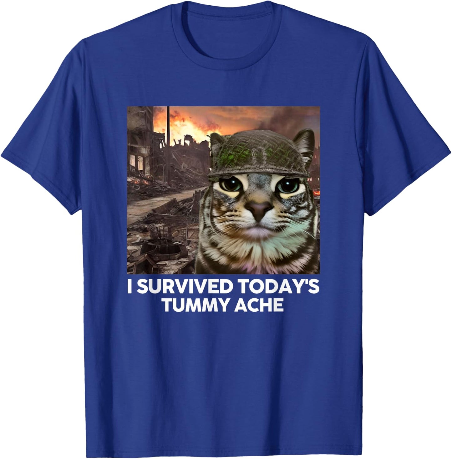 I Survived Today's Tummy Ache Funny Cat Meme Men Women Girls Kids T-Shirt - T-Shirt | Royal