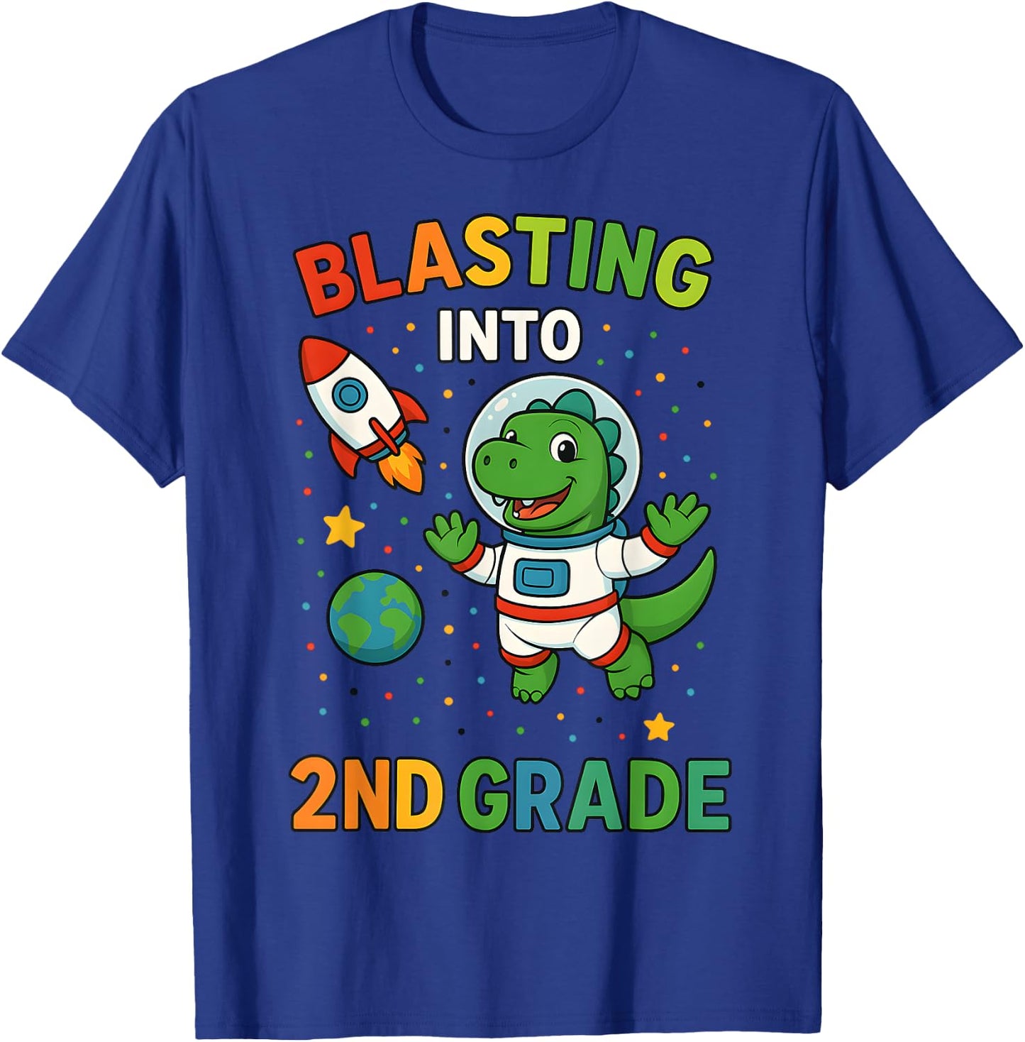 Blasting Into 2nd Grade Dinosaur Astronaut Back To School T-Shirt - T-Shirt | Royal