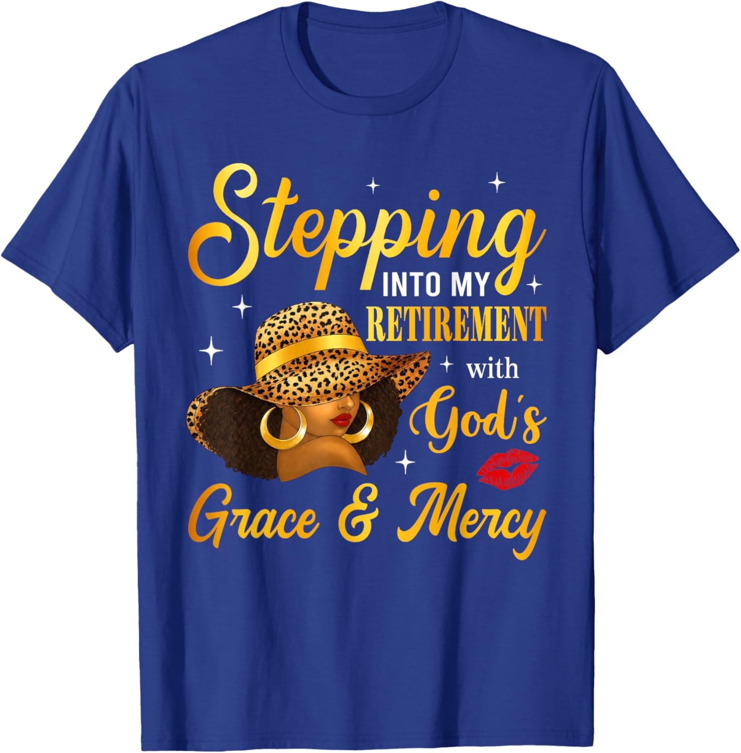 Stepping Into Retirement Afro Woman Leopard Sun Hat Retired T-Shirt - T-Shirt | Royal