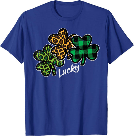 Leopard Shamrocks Lucky St Patricks Day Women Girls Kids T-Shirt - T-Shirt | Royal