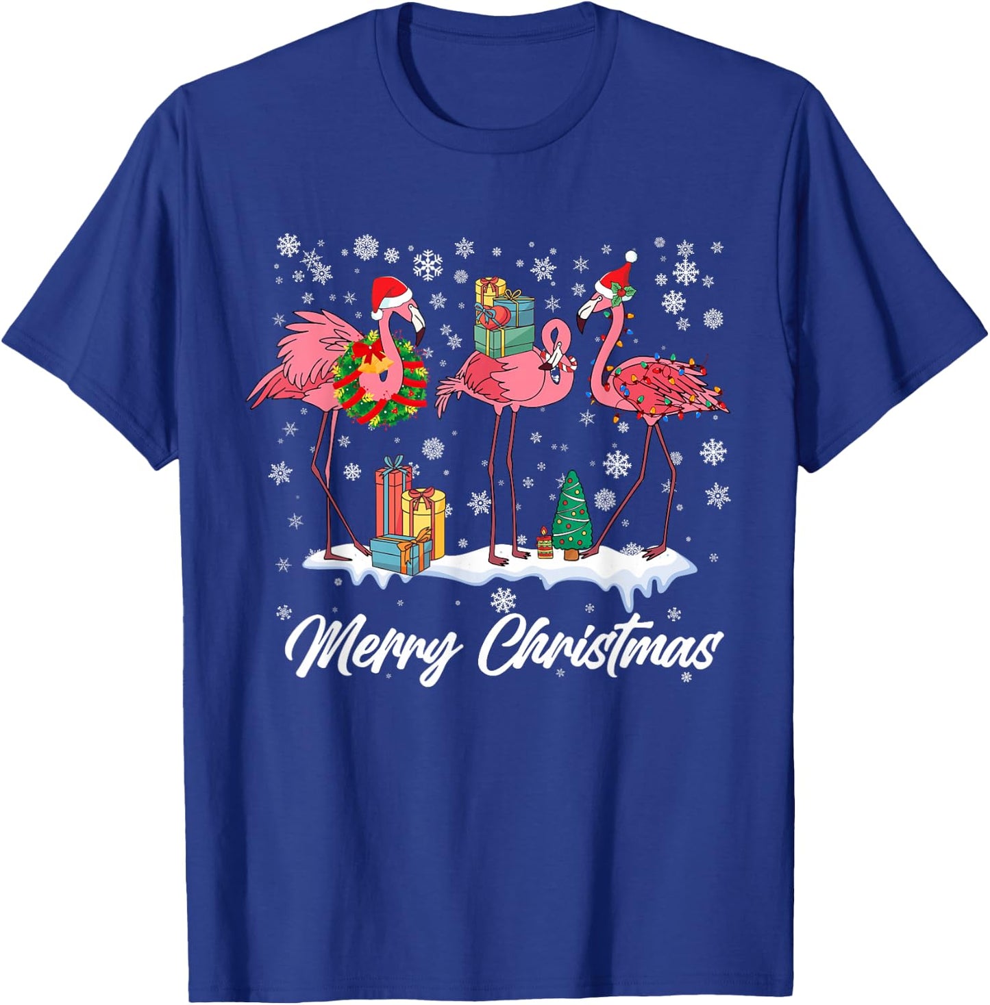 Pink Flamingo Hat Santa Merry Christmas Lights Girls T-Shirt - T-Shirt | Royal