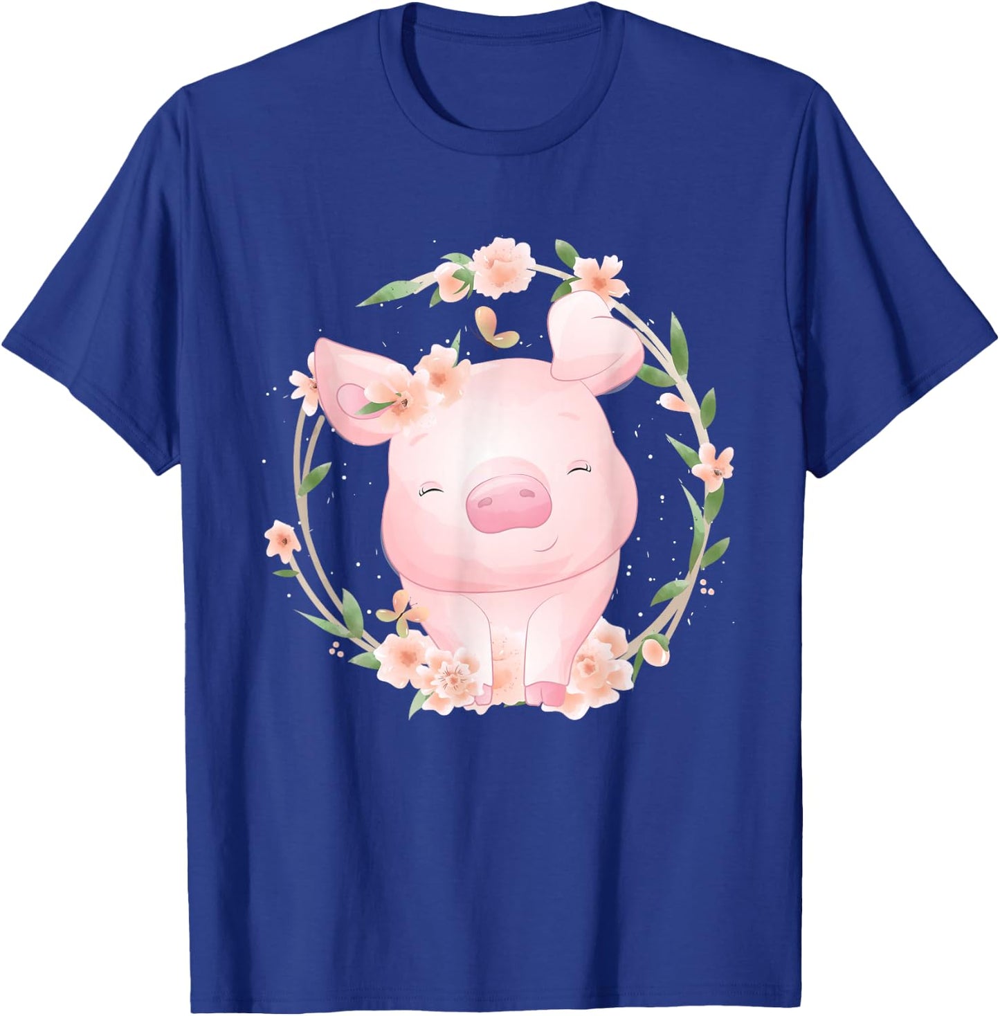 Cute Grinning Pig with Flowers Watercolour T-Shirt - T-Shirt | Royal