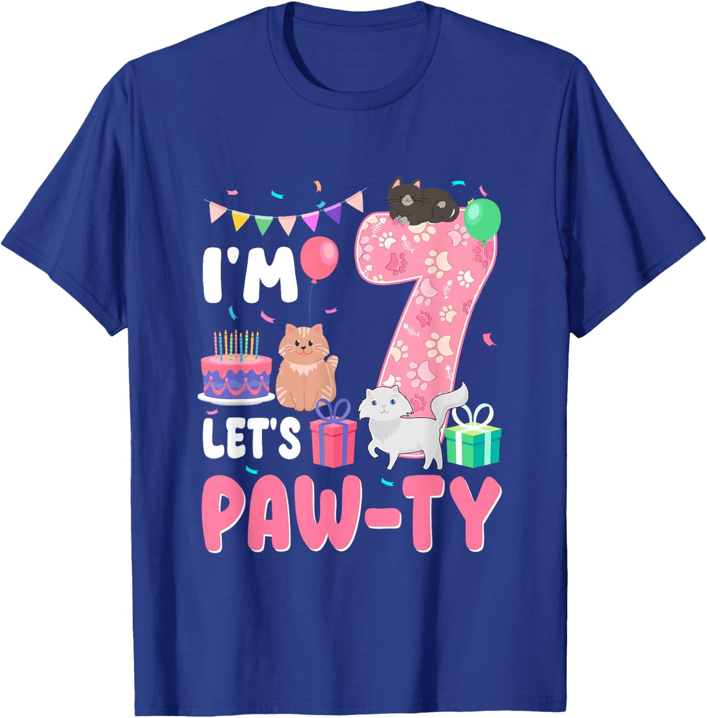 I'm 7 Let's Paw-Ty 7th Birthday Cats Lover 7 Year Old T-Shirt - T-Shirt | Royal