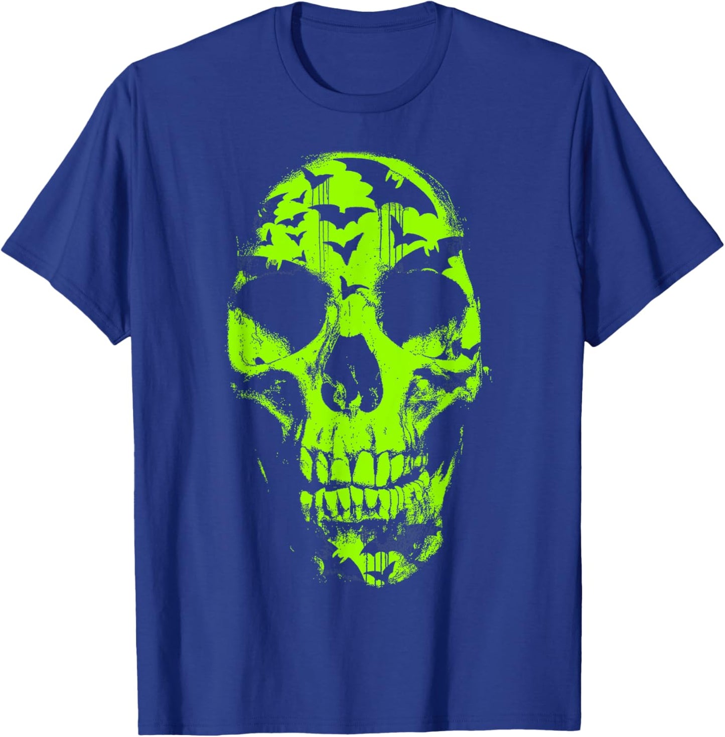 Halloween Neon Green Skull Bat Distressed T-Shirt - T-Shirt | Royal