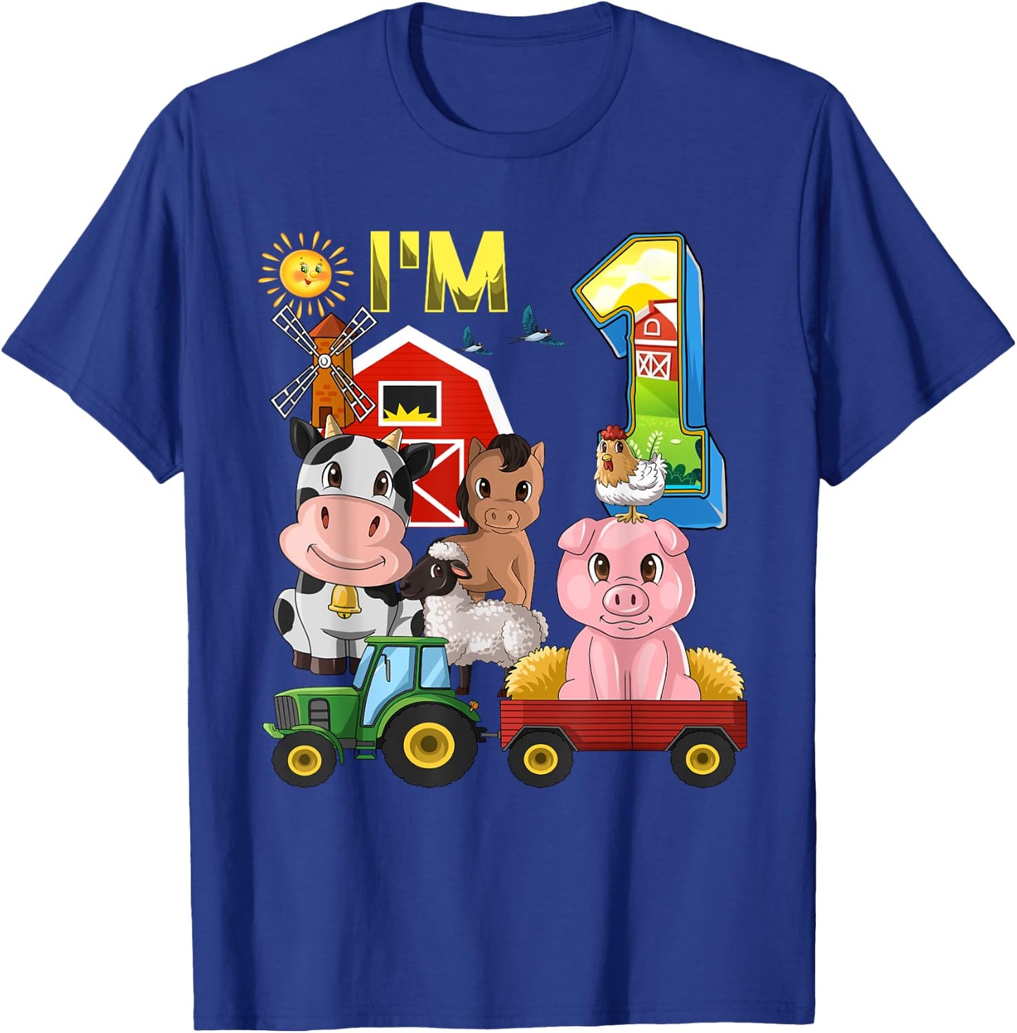 Farm Animals Barnyard Tractor 1st Birthday I'm 1 Year Old T-Shirt - T-Shirt | Royal