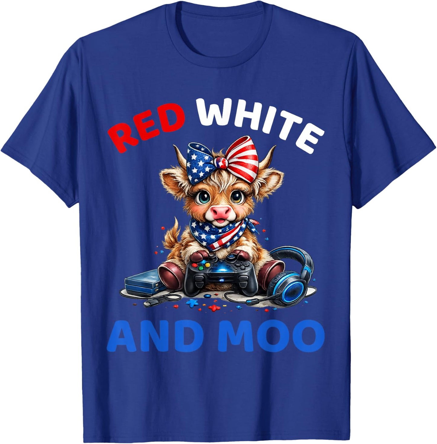 Red White and Moo Funny Highland Cow 4th of July Patriotic T-Shirt - T-Shirt | Royal