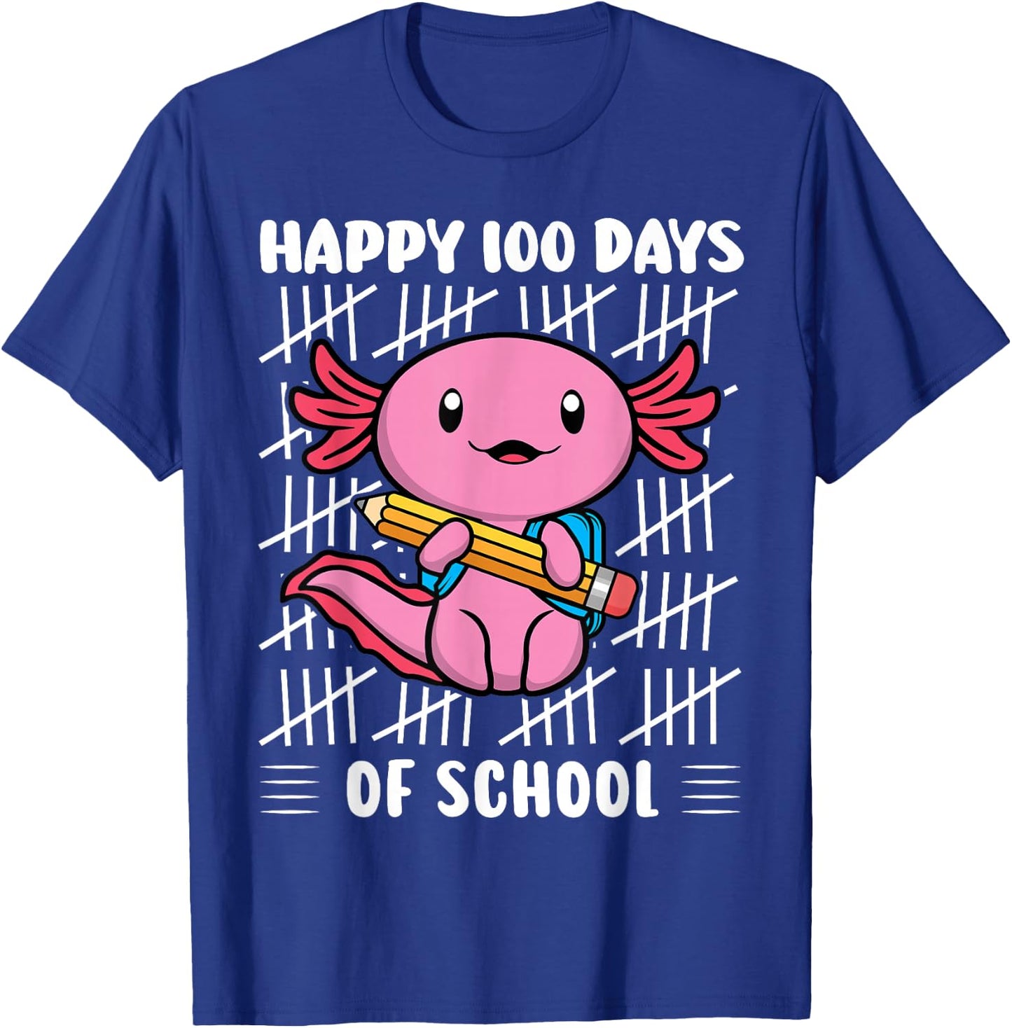 Happy 100 Days of School Cute Axolotl Kindergarten 100th Day T-Shirt - T-Shirt | Royal