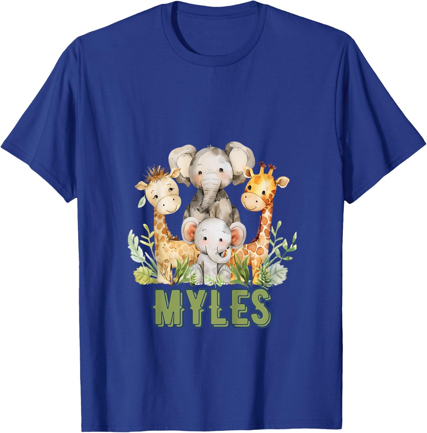 Kids MYLES First Name Safari Nursery Theme Elephant Giraffe Cute T-Shirt - T-Shirt | Royal