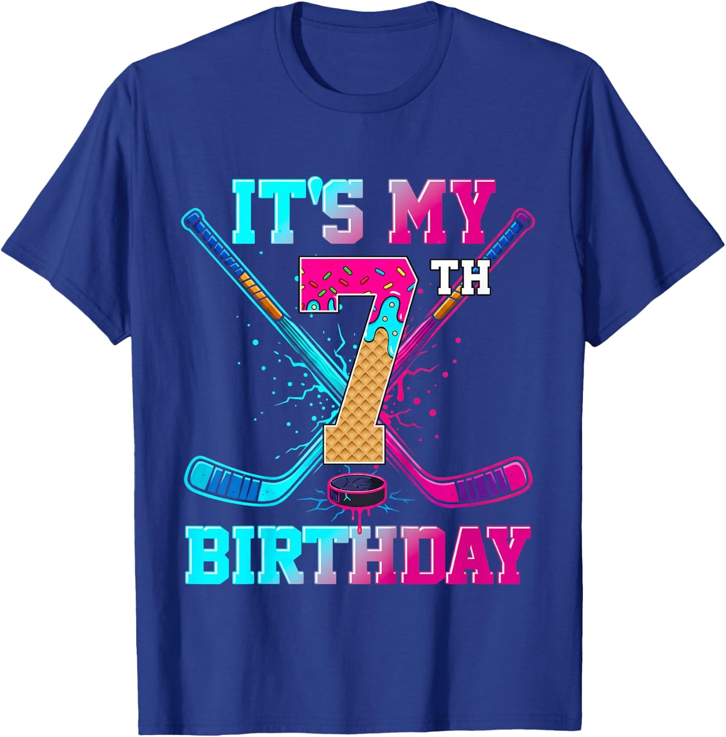 Hockey Ice Cream Drip It's My 7th Birthday Player Birthday T-Shirt - T-Shirt | Royal