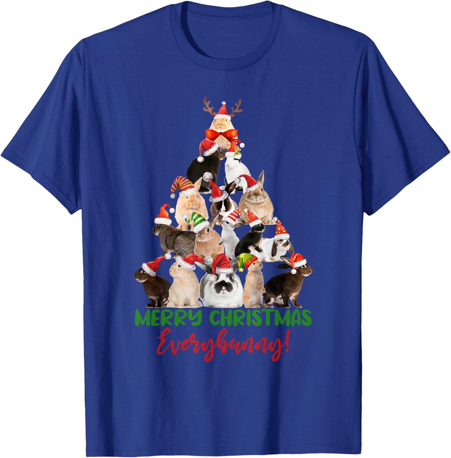 Christmas Tree with Santa Hat Bunnies Cute Holiday T-Shirt - T-Shirt | Royal