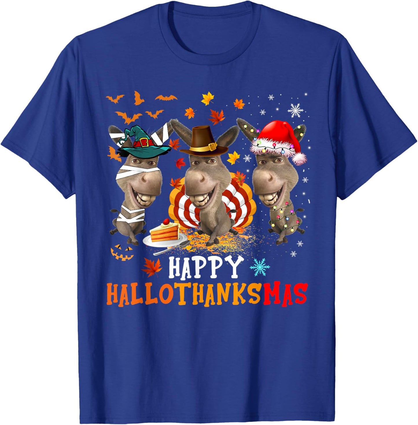 Happy HalloThanksMas Cute Santa Witch Turkey Donkey Farmer T-Shirt - T-Shirt | Royal