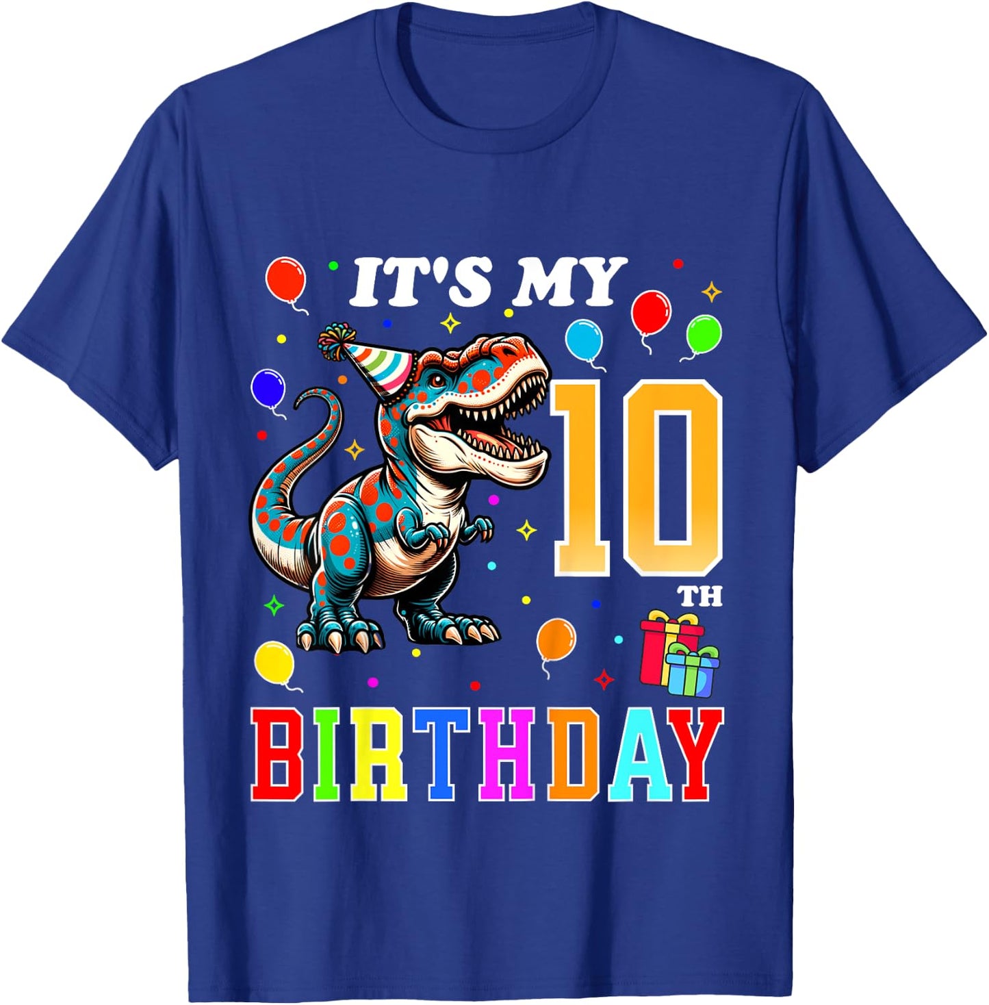 Kids Dinosaur Birthday 10 Year Old 10th Birthday Kids Boys Girls T-Shirt - T-Shirt | Royal