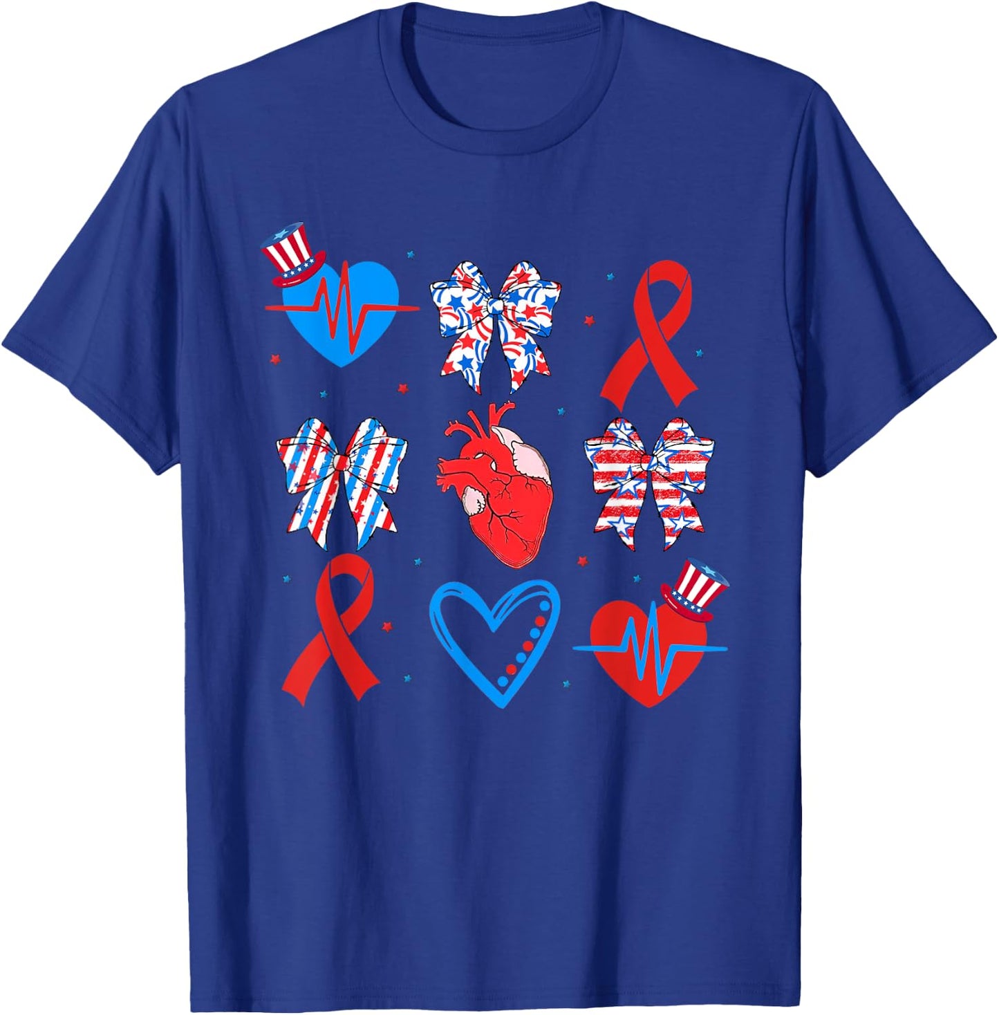 Coquette Red White & Blue Bows Cardiac Nurse July 4th T-Shirt - T-Shirt | Royal