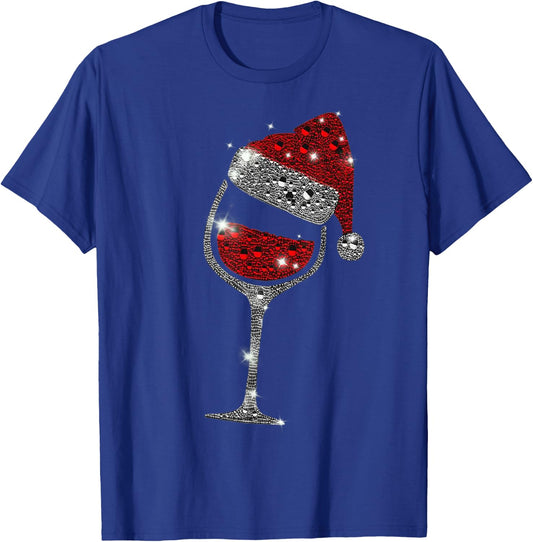 Glass of Red Wine Santa Hat Christmas Women Family T-Shirt - T-Shirt | Royal