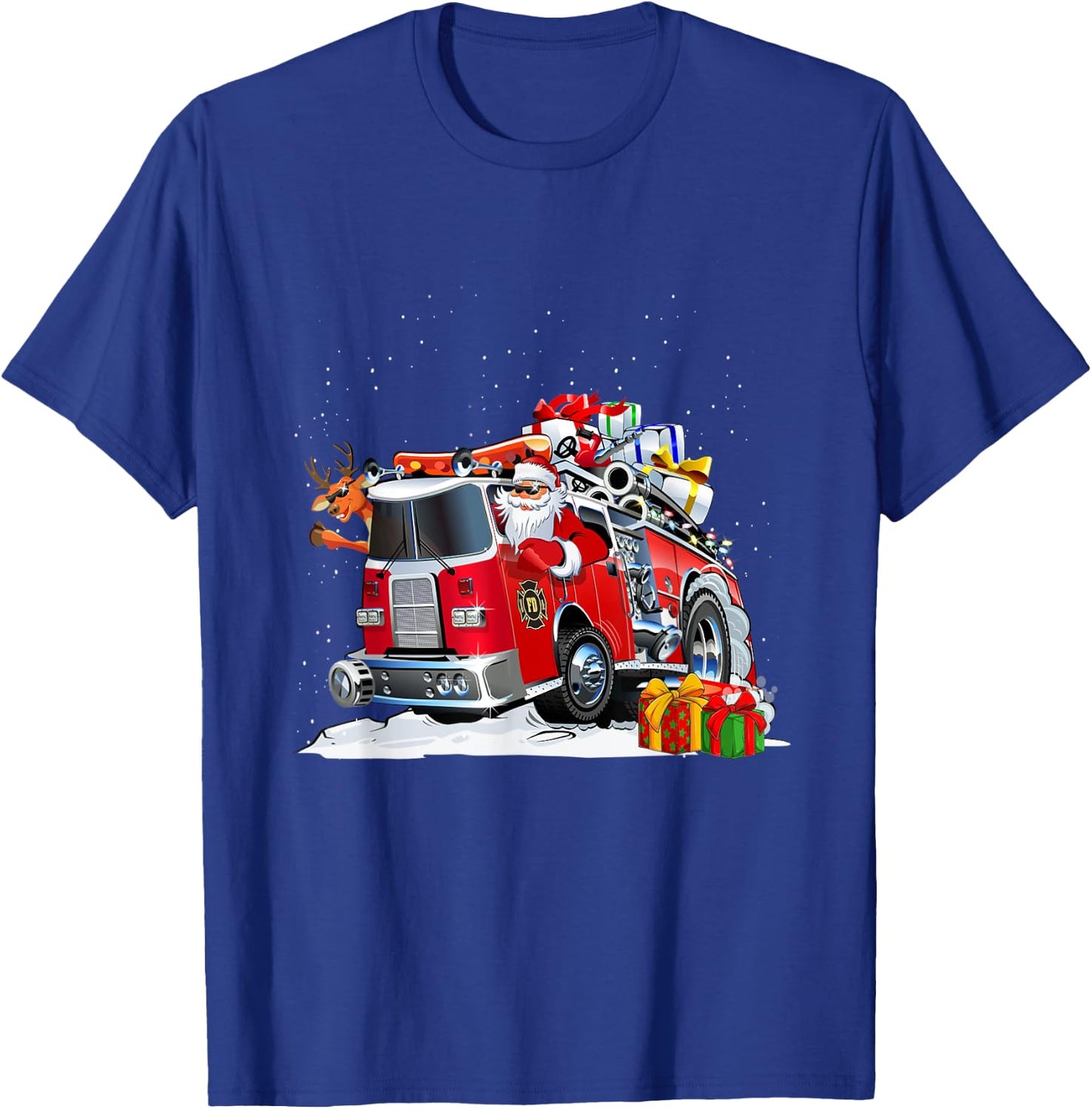 Firefighter Santa Fireman Driving Fire Truck Merry Christmas T-Shirt - T-Shirt | Royal