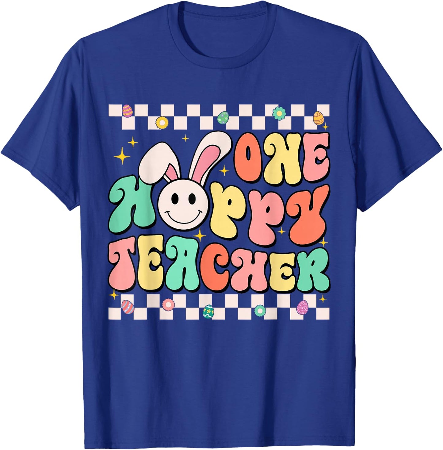 Groovy Retro Teacher Easter Shirt One Hoppy Teacher Boy Girl T-Shirt - T-Shirt | Royal