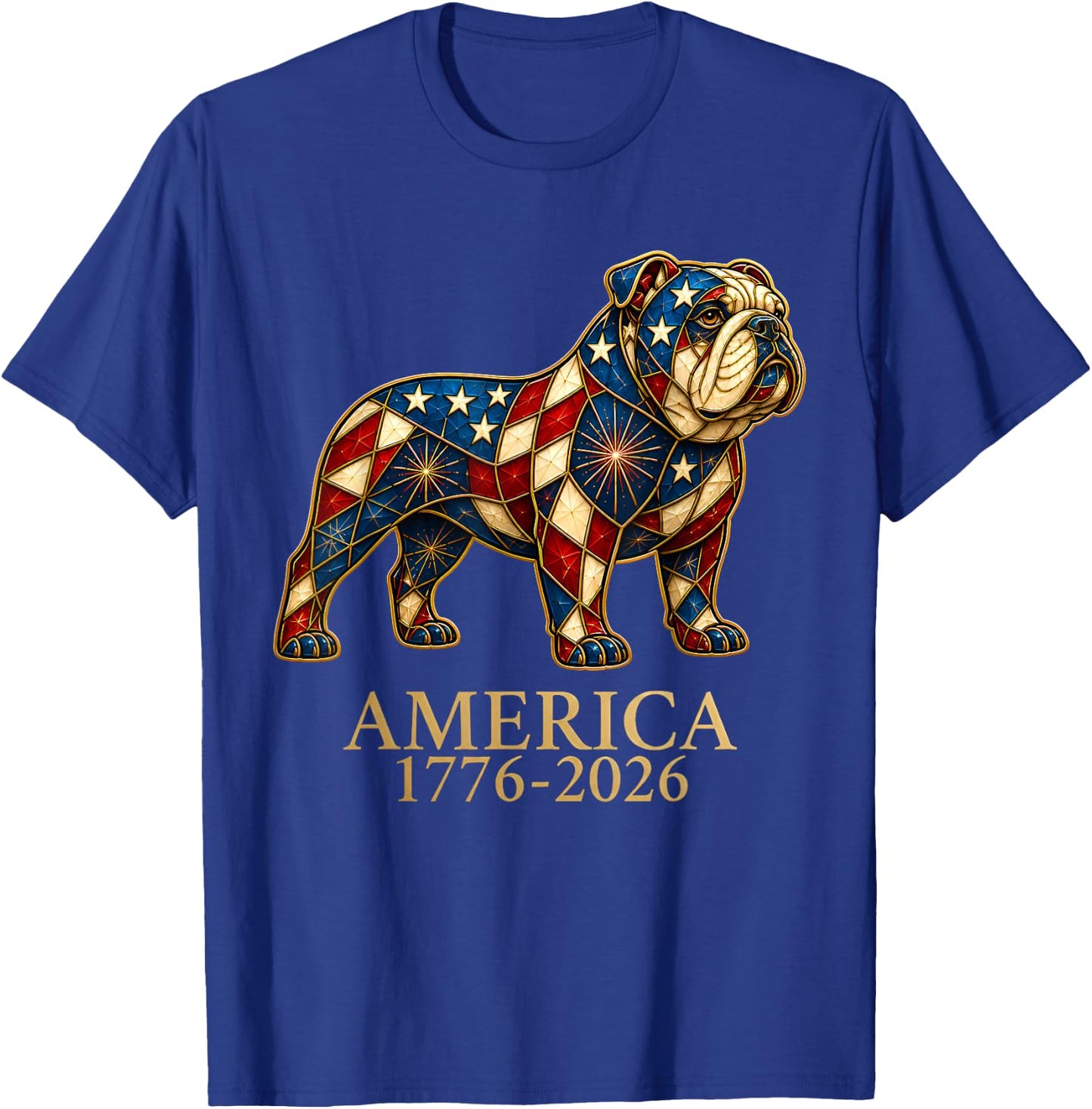 English Bulldog Mosaic America 1776-2026 4th of July Dog T-Shirt - T-Shirt | Royal