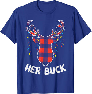 Plaid Reindeer Her Buck Matching Christmas Couple Men PJ T-Shirt - T-Shirt | Royal